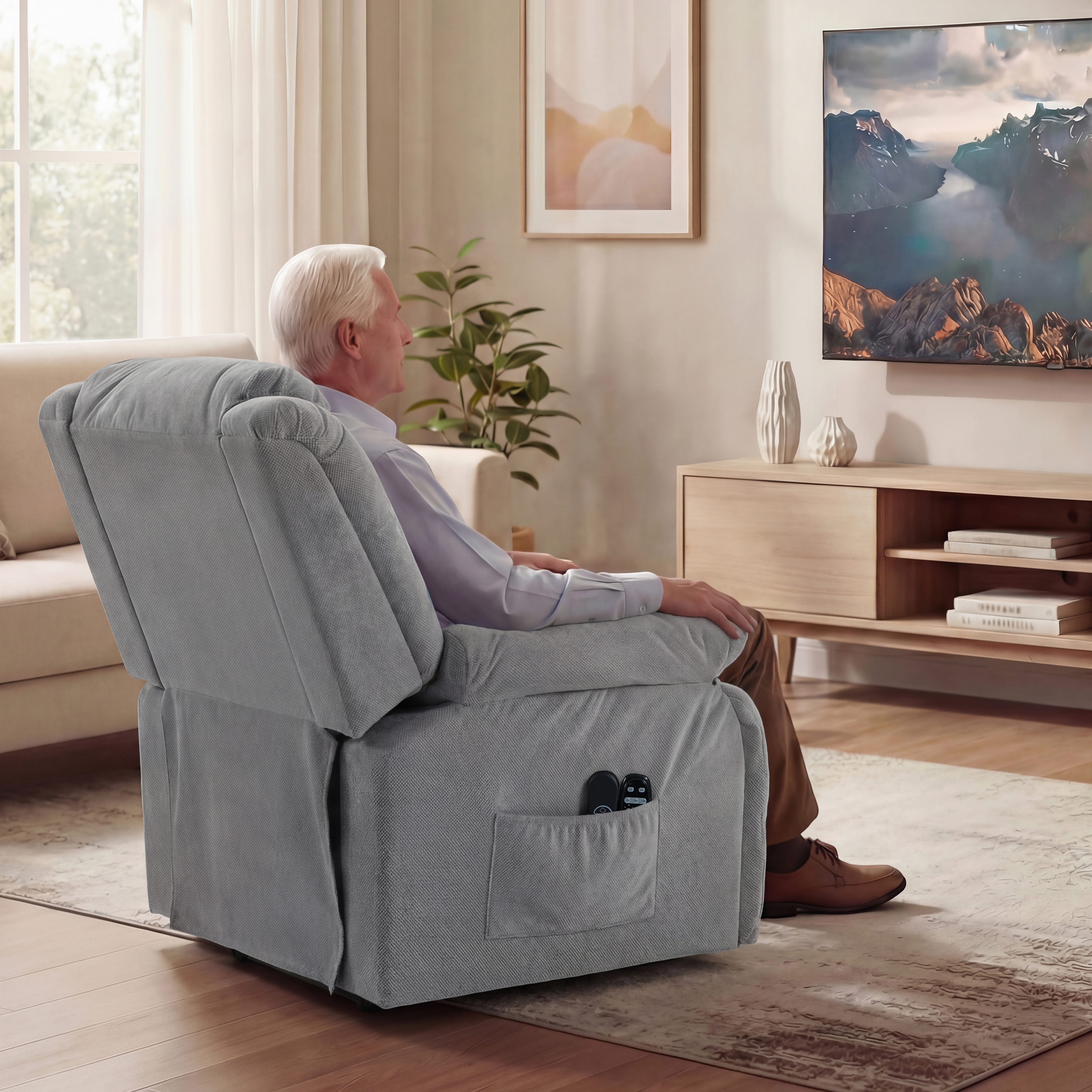 Recliner Armchair Lift Chair with Vibration Massage and Heat, Velvet-feel Fabric Electric Riser Recliner Chair for Elderly with Wide Seat, USB Port, Side Pockets for Living Room, Light Grey