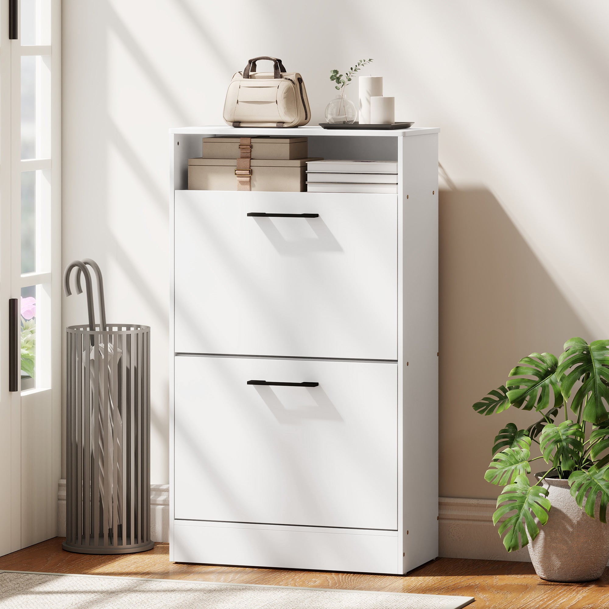 Shoe Cabinet with 2 Flip Drawers and Open Shelf, Narrow Shoe Storage Cabinet with Adjustable Dividers, Entryway Shoe Storage Unit for up to 12 Pairs for Hallway, White