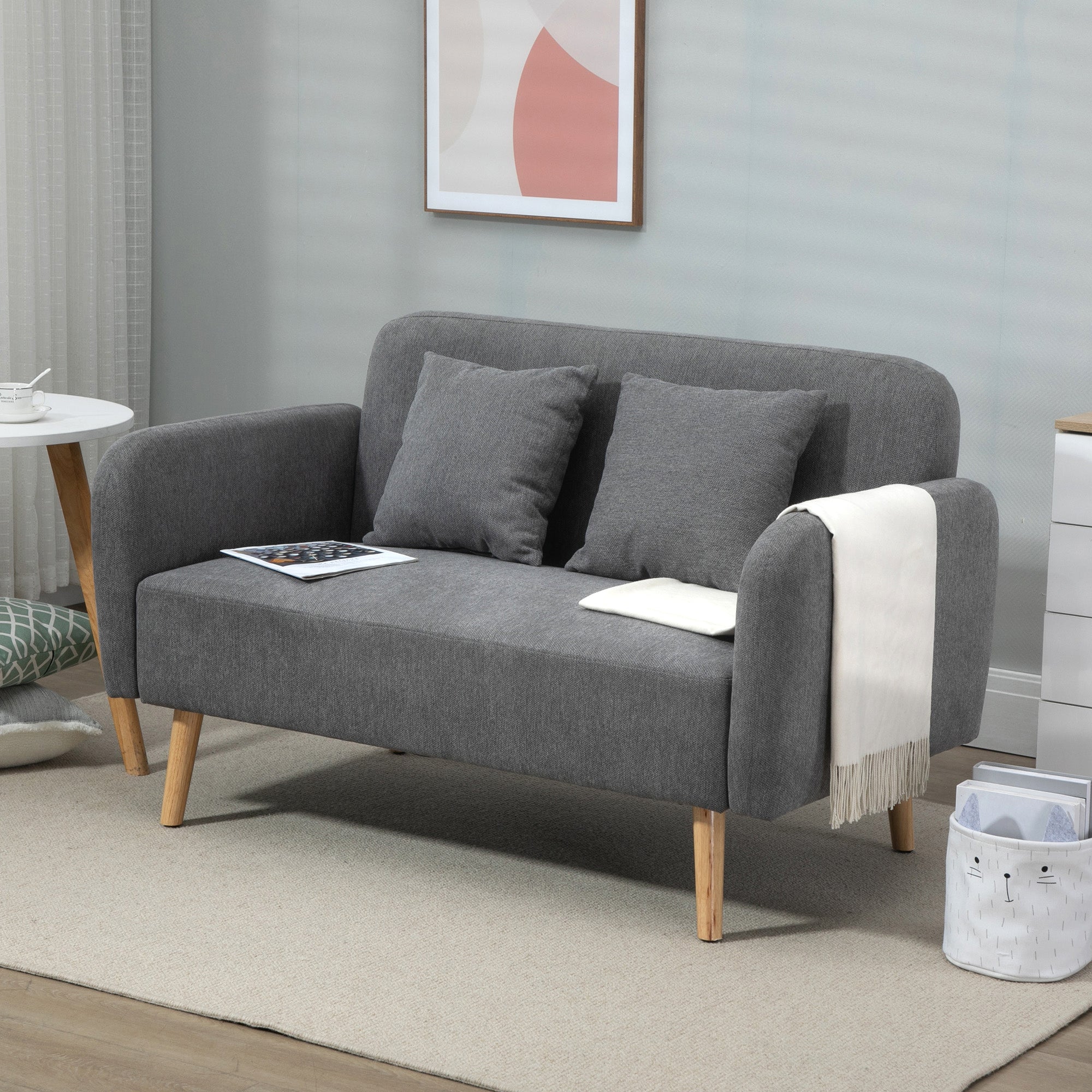 HOMCOM 2 Seater Sofa, Modern Fabric Loveseat Sofa, Small Couch with 2 Pillows, Armrest and Wood Legs for Living Room, Bedroom, Home Office, Grey