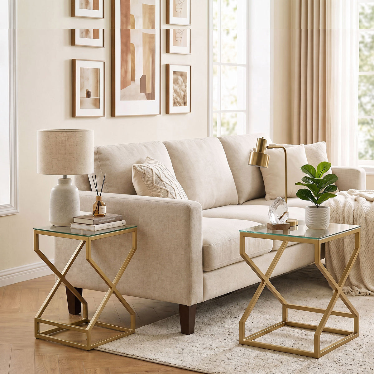 Nest of Tables, Side Table Set of 2 with Transparent Top, Coffee Table Set with Foot Pads, Steel Frame and Tempered Glass Top for Living Room Bedroom Office, Transparent