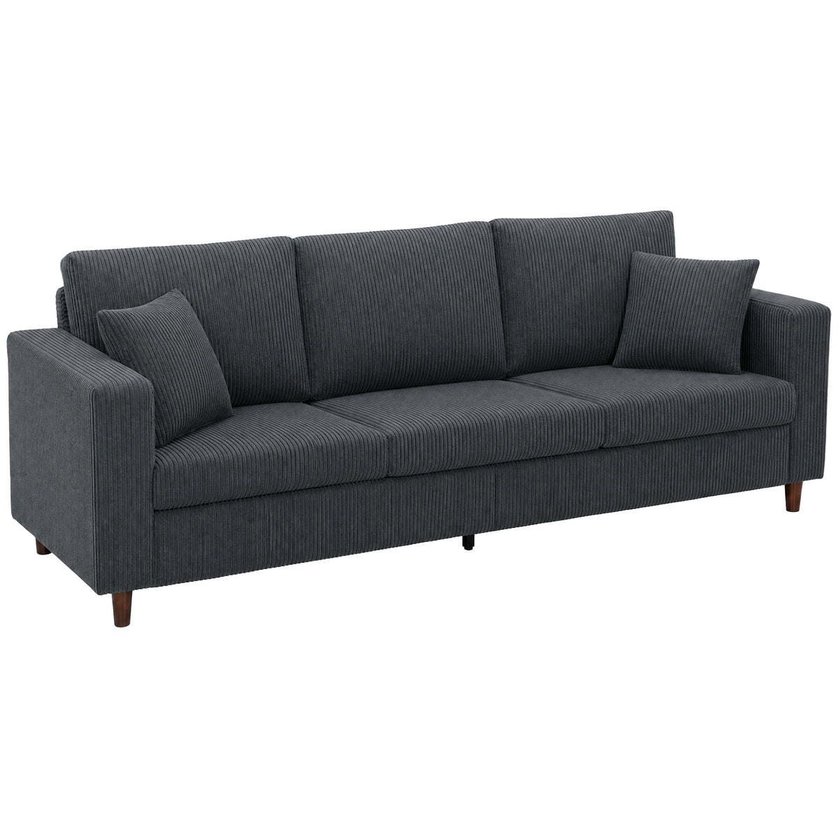 99" Corduroy Couch, Modern 3 Seater Sofa with Wide Deep Seat, Wide Armrests, Spring Cushion, Thick Padded, Solid Wood Legs, Fabric Sofa for Living Room, Dark Grey