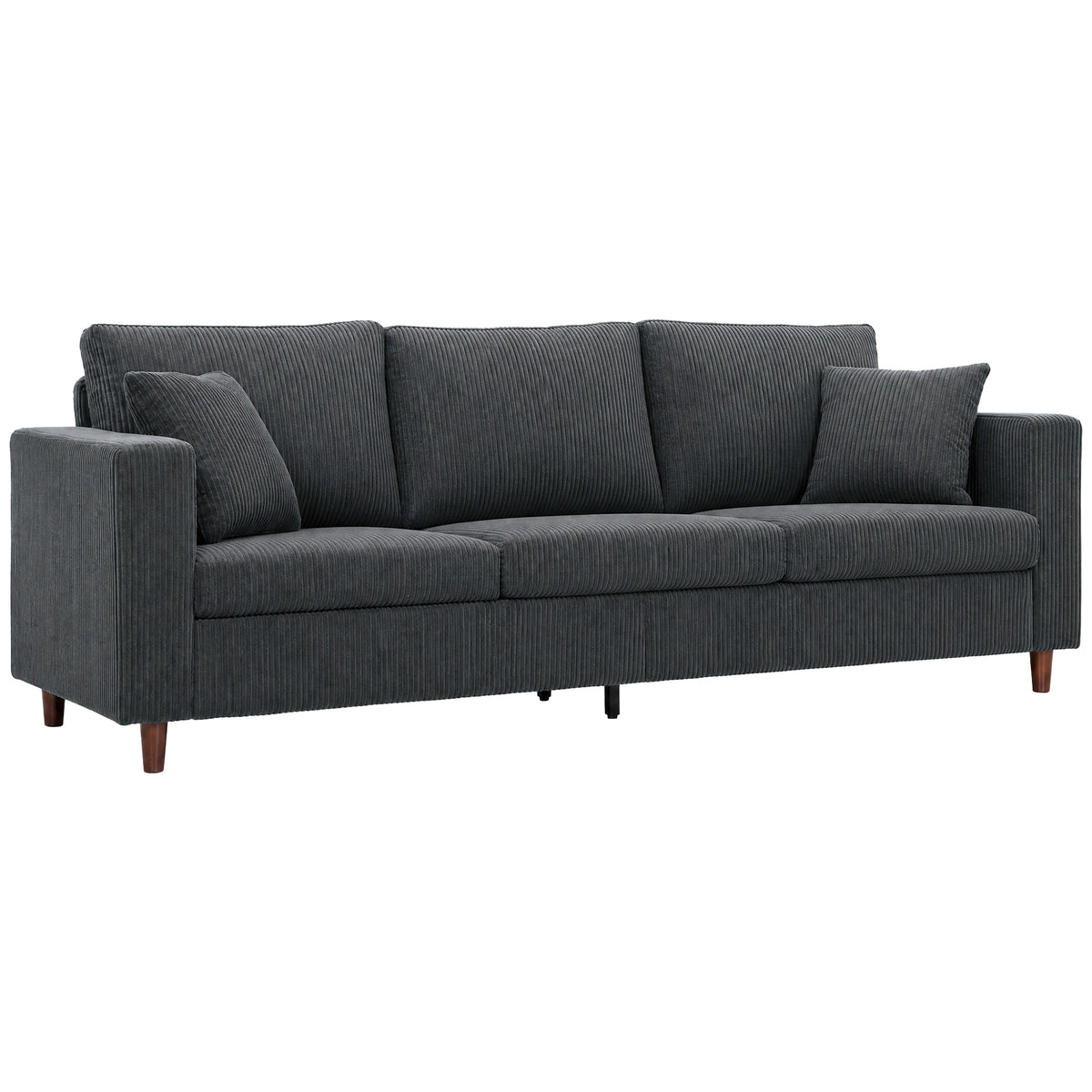 99" Corduroy Couch, Modern 3 Seater Sofa with Wide Deep Seat, Wide Armrests, Spring Cushion, Thick Padded, Solid Wood Legs, Fabric Sofa for Living Room, Dark Grey