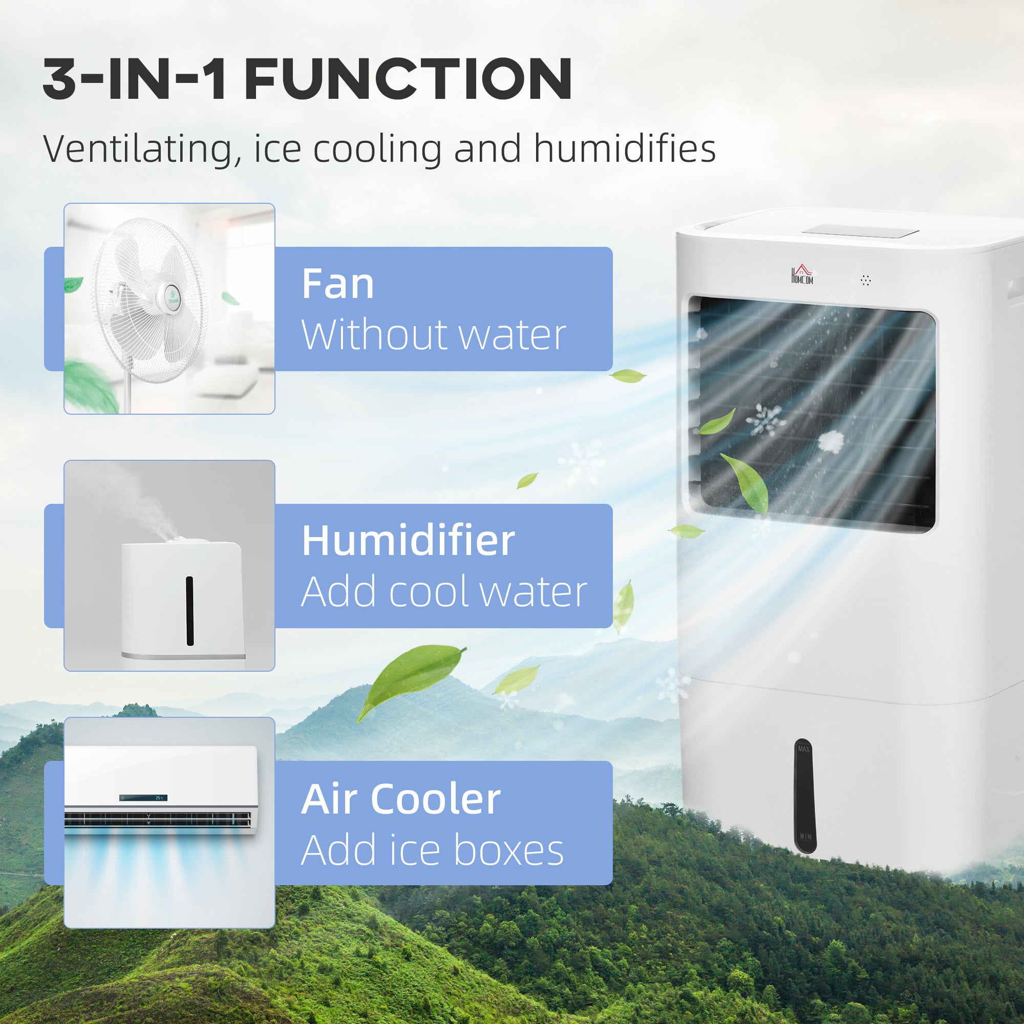HOMCOM 3-in-1 Evaporative Mobile Air Cooler Cooling Fan Humidifier for Home Office