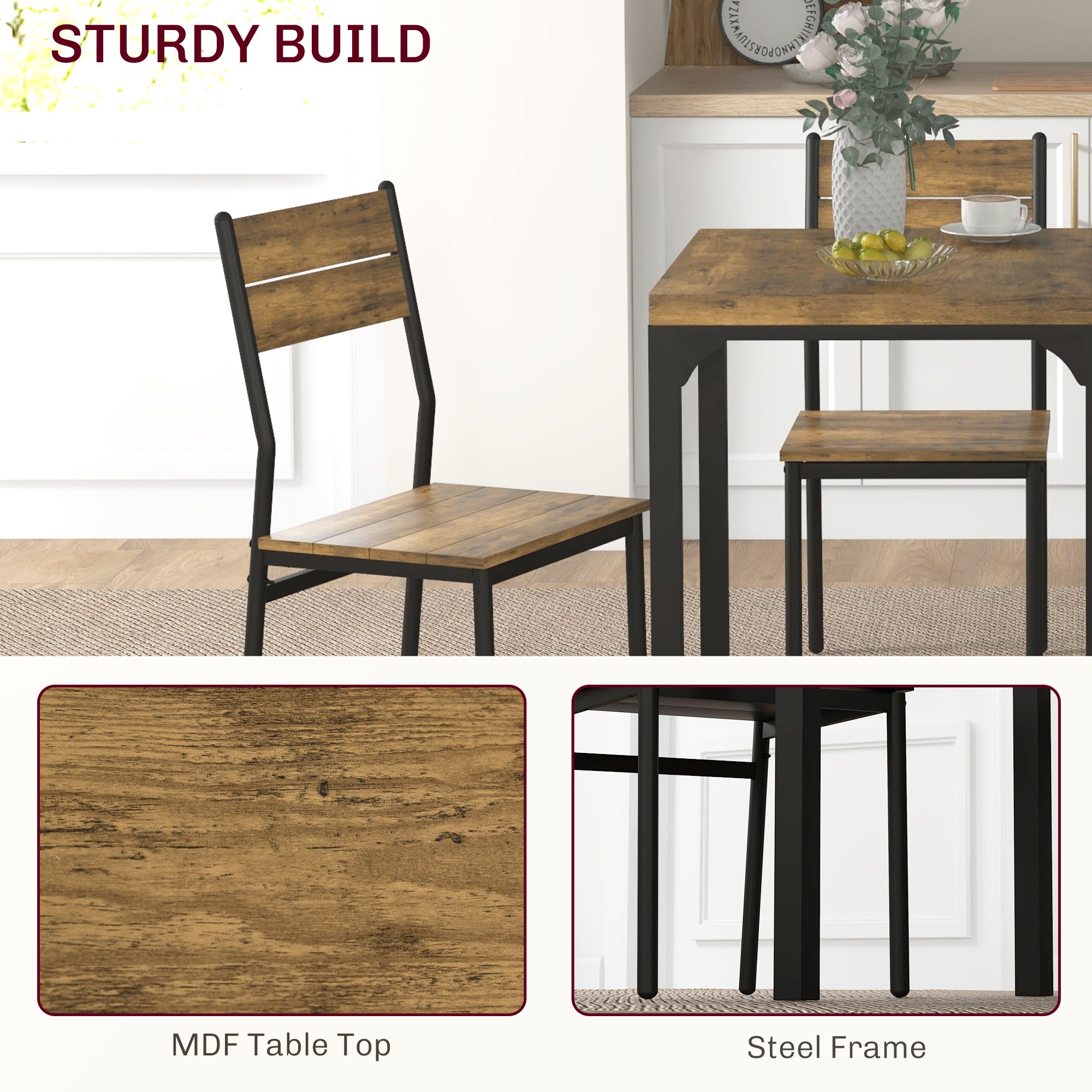 3 Piece Dining Room Set for 2, Dining Table Set for Breakfast Nook, Space Saving, Rustic Brown