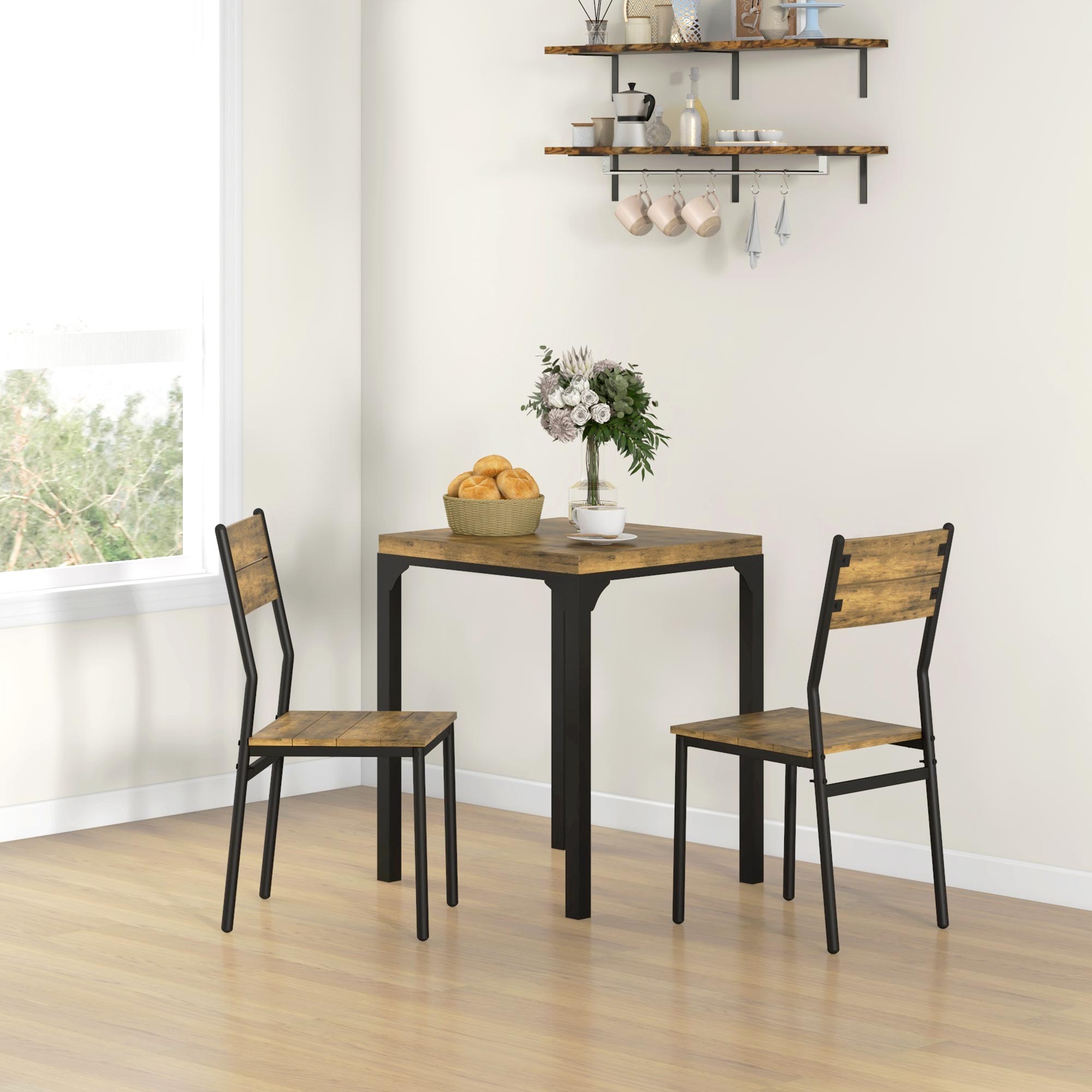 3 Piece Dining Room Set for 2, Dining Table Set for Breakfast Nook, Space Saving, Rustic Brown