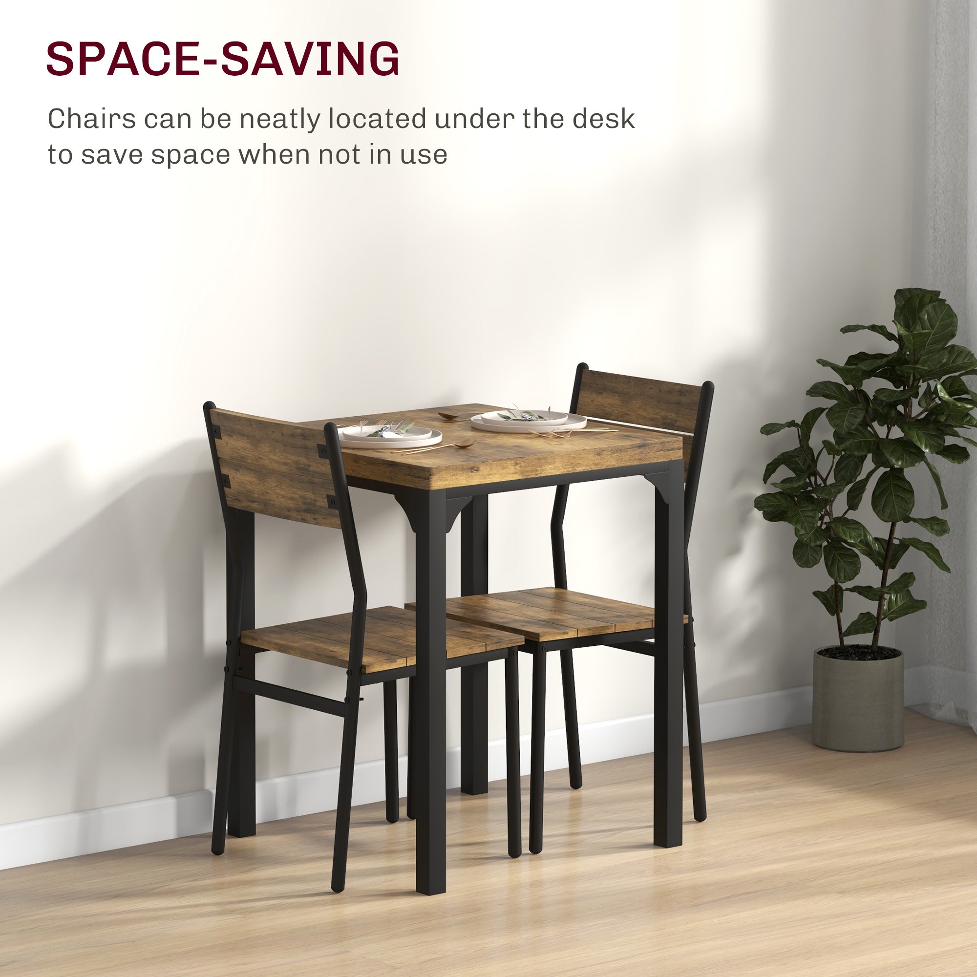 3 Piece Dining Room Set for 2, Dining Table Set for Breakfast Nook, Space Saving, Rustic Brown