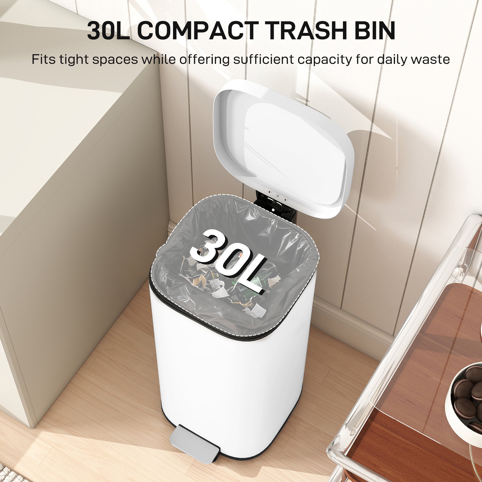 30L Kitchen Bin with Lid, Compact Pedal Bin with Soft-Close and Stay-Open Lid, Removable Inner Bucket, Fingerprint-Resistant for Kitchen, Home, Office, Bedroom, White