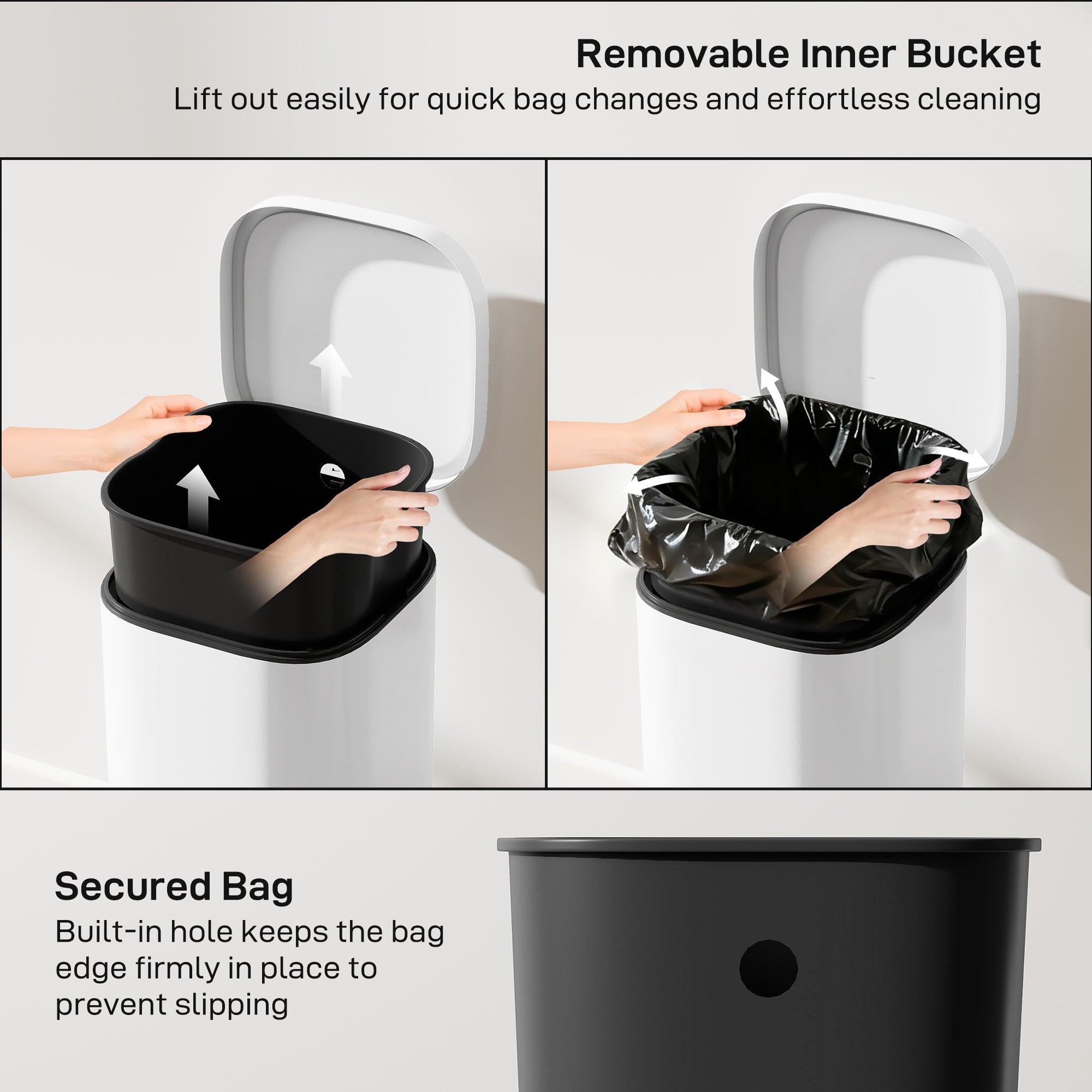 30L Kitchen Bin with Lid, Compact Pedal Bin with Soft-Close and Stay-Open Lid, Removable Inner Bucket, Fingerprint-Resistant for Kitchen, Home, Office, Bedroom, White