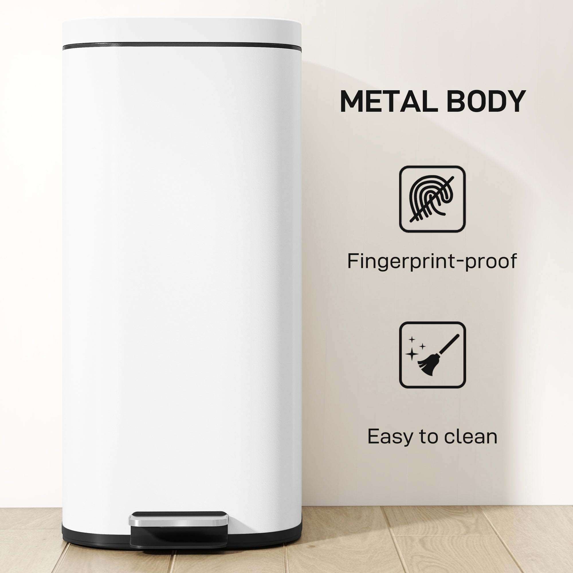 30L Kitchen Bin with Lid, Compact Pedal Bin with Soft-Close and Stay-Open Lid, Removable Inner Bucket, Fingerprint-Resistant for Kitchen, Home, Office, Bedroom, White