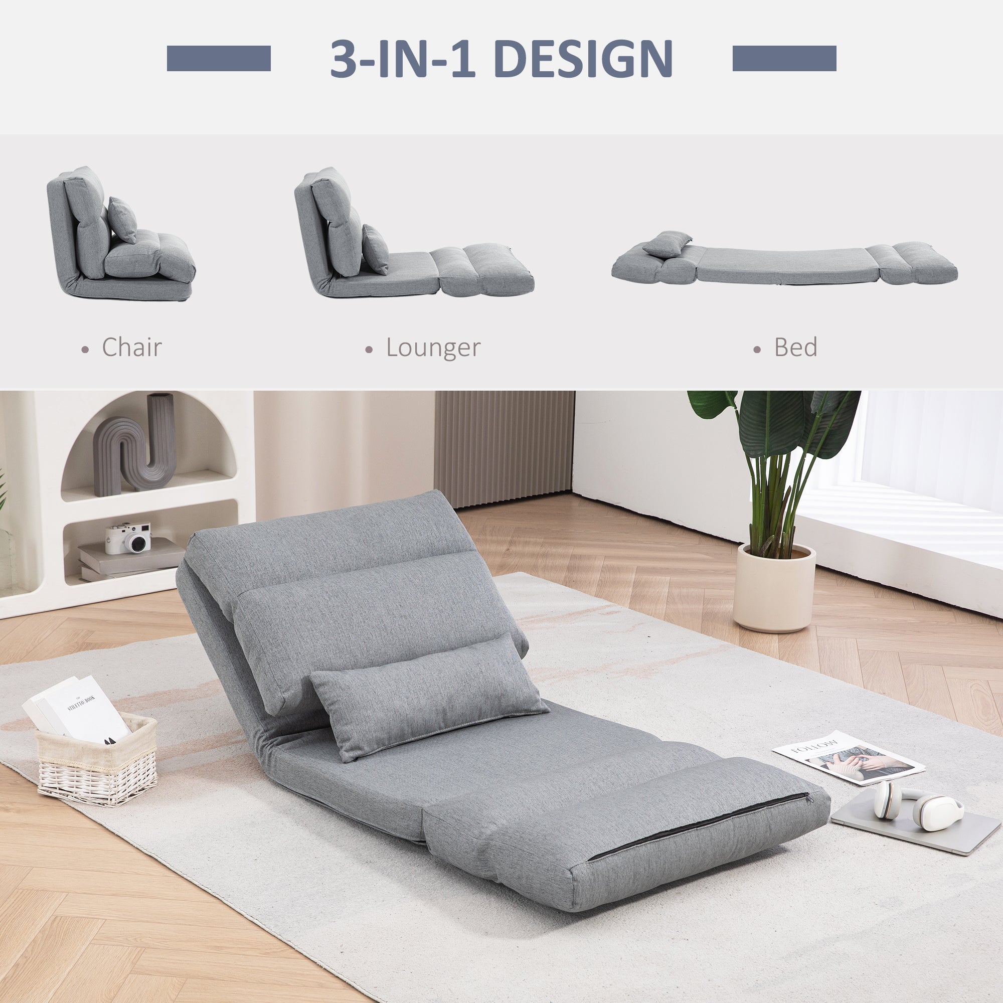 3-In-1 Floor Chair for Adults, Sofa Bed with 6 Position Adjustable Backrest, Gray