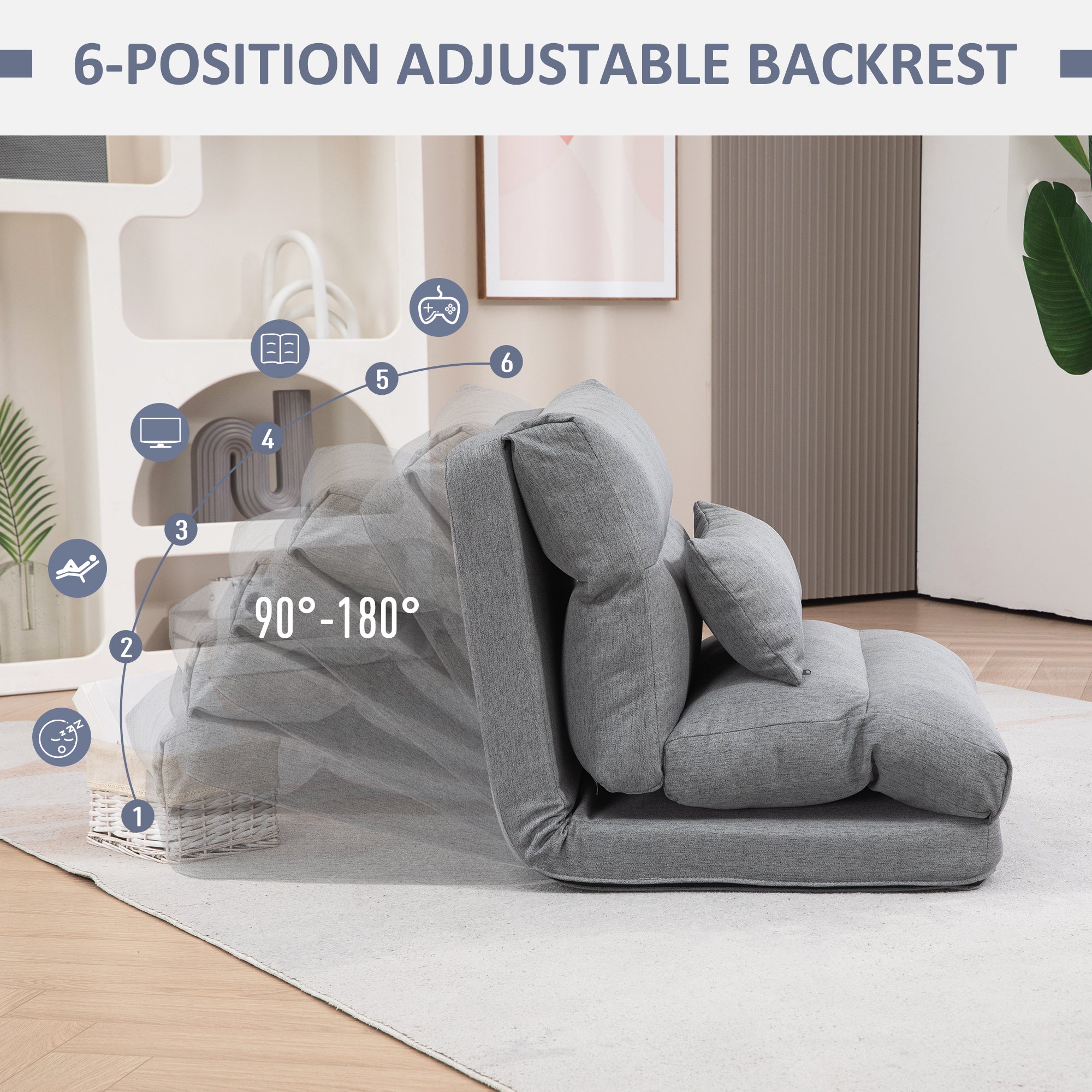 3-In-1 Floor Chair for Adults, Sofa Bed with 6 Position Adjustable Backrest, Gray