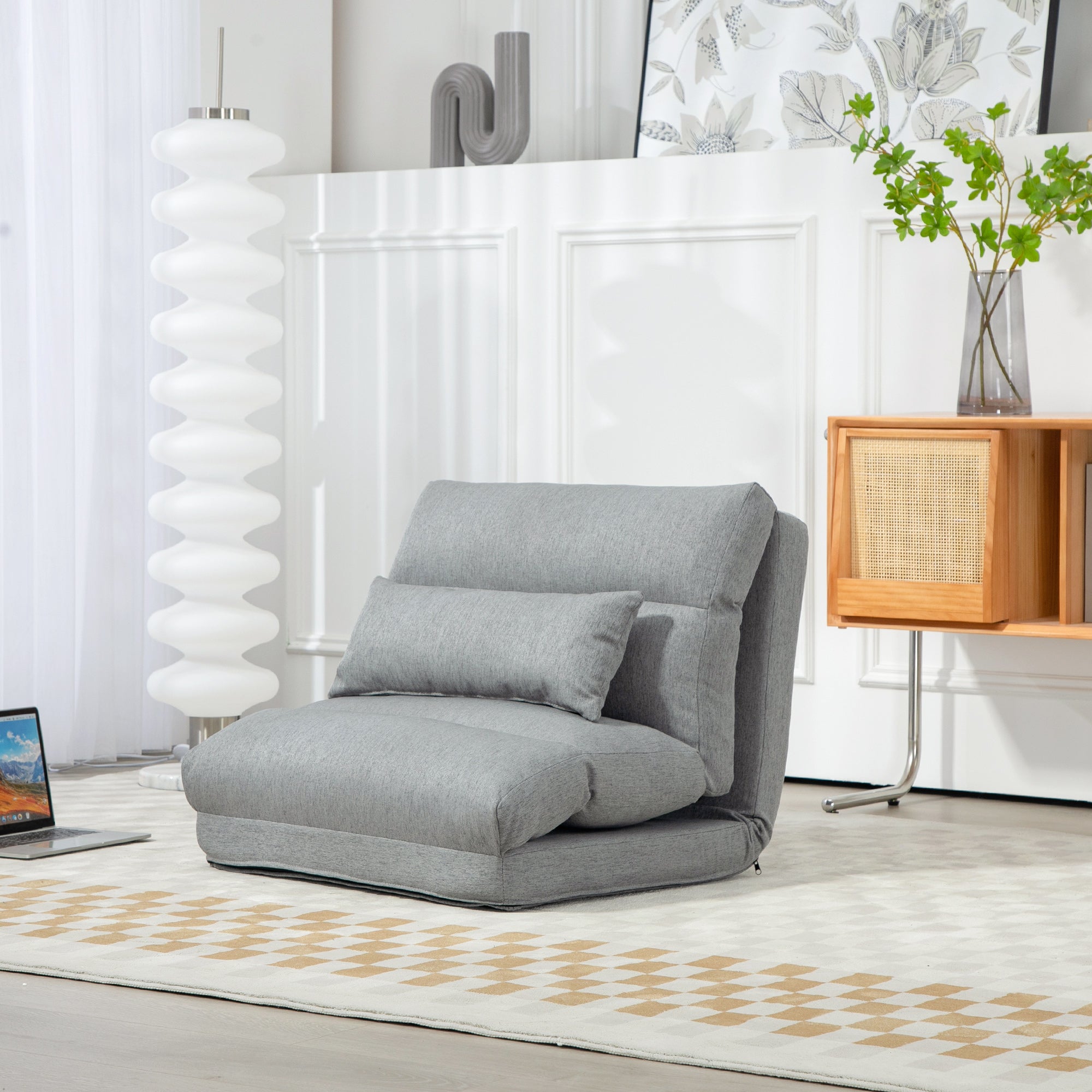 3-In-1 Floor Chair for Adults, Sofa Bed with 6 Position Adjustable Backrest, Gray