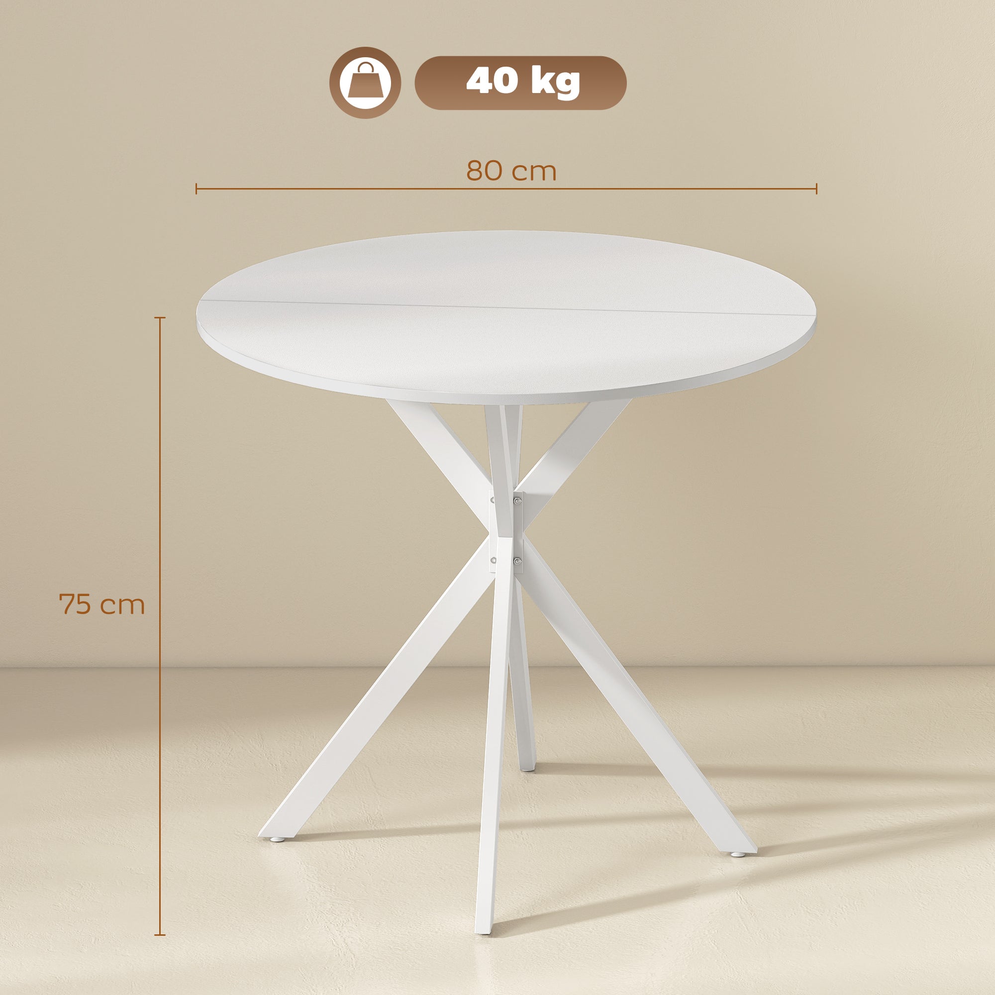 80cm Round Dining Table, Industrial Kitchen Table with Cross Steel Legs for Dining Room, Kitchen, Living Room, White