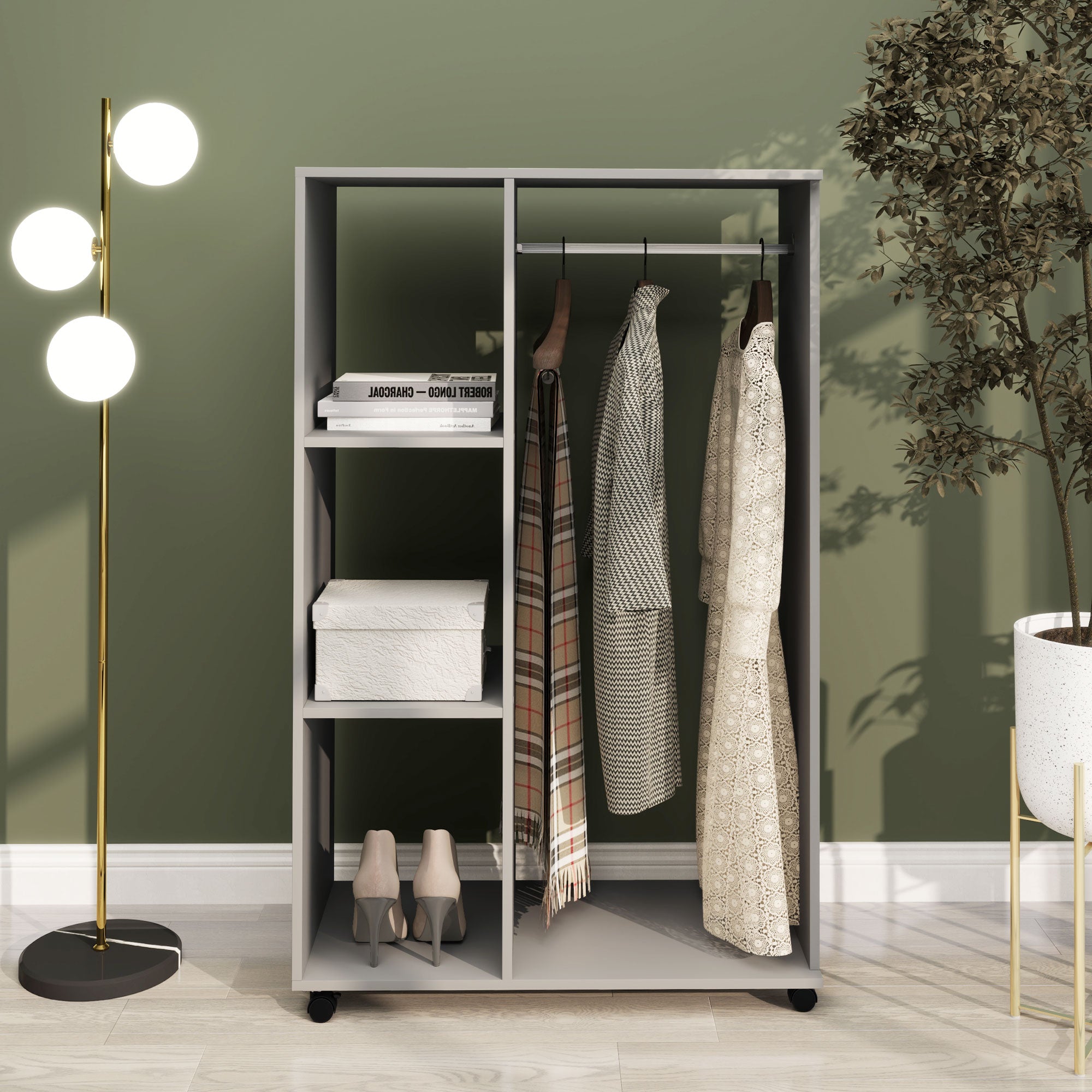 HOMCOM Open Wardrobe on Wheels with Clothes Rail, Bedroom Clothes Storage with Hanging Rod, 3 Storage Shelves, Mobile Garment Rack for Cloakroom, Hallway, Grey