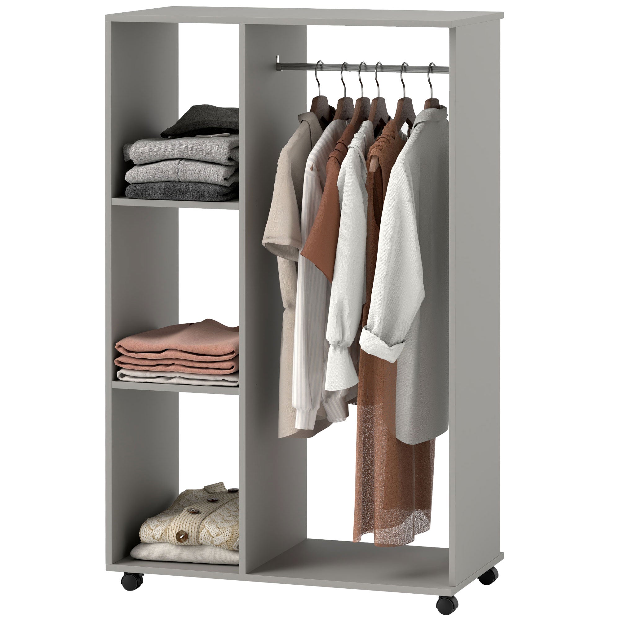 HOMCOM Open Wardrobe on Wheels with Clothes Rail, Bedroom Clothes Storage with Hanging Rod, 3 Storage Shelves, Mobile Garment Rack for Cloakroom, Hallway, Grey