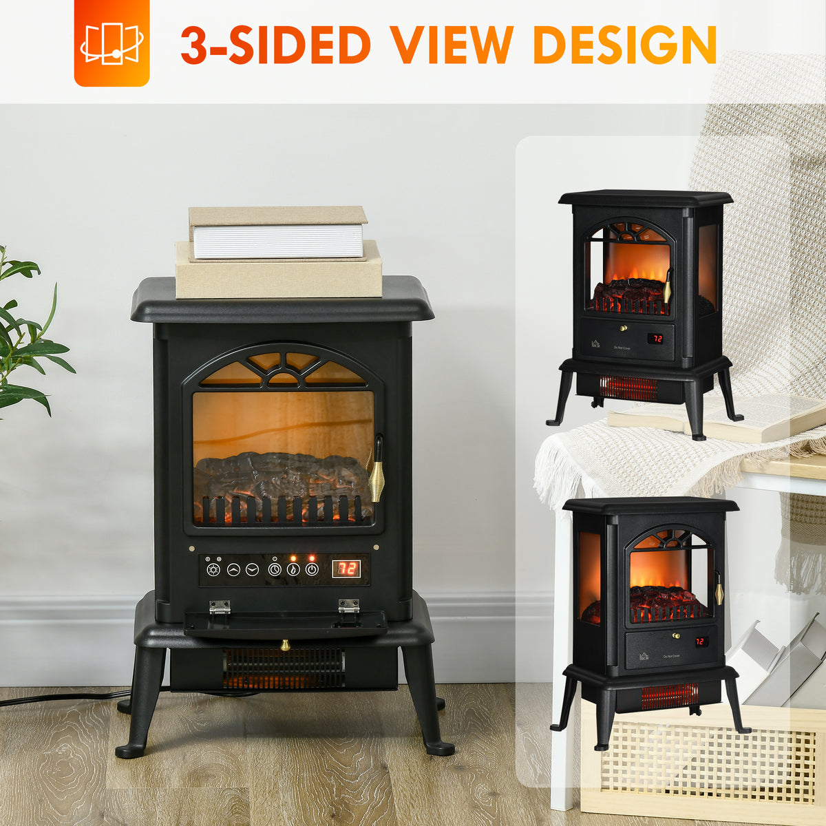 23" Electric Fireplace Heater with Flame Effect, Adjustable Temp, 1000W/1500W, Black