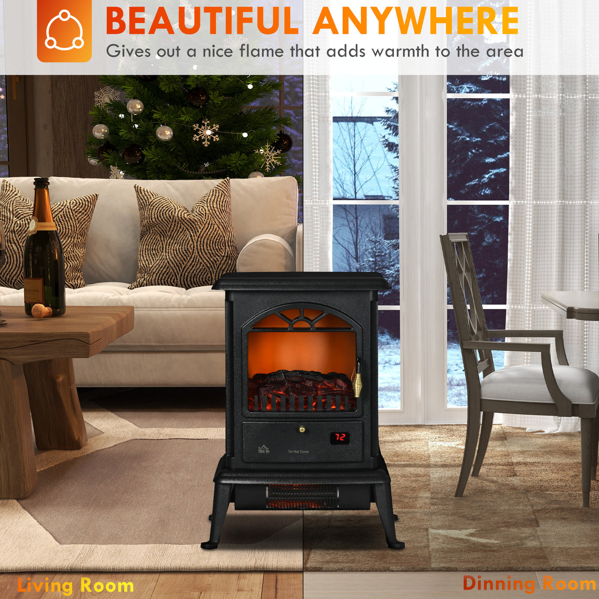 23" Electric Fireplace Heater with Flame Effect, Adjustable Temp, 1000W/1500W, Black