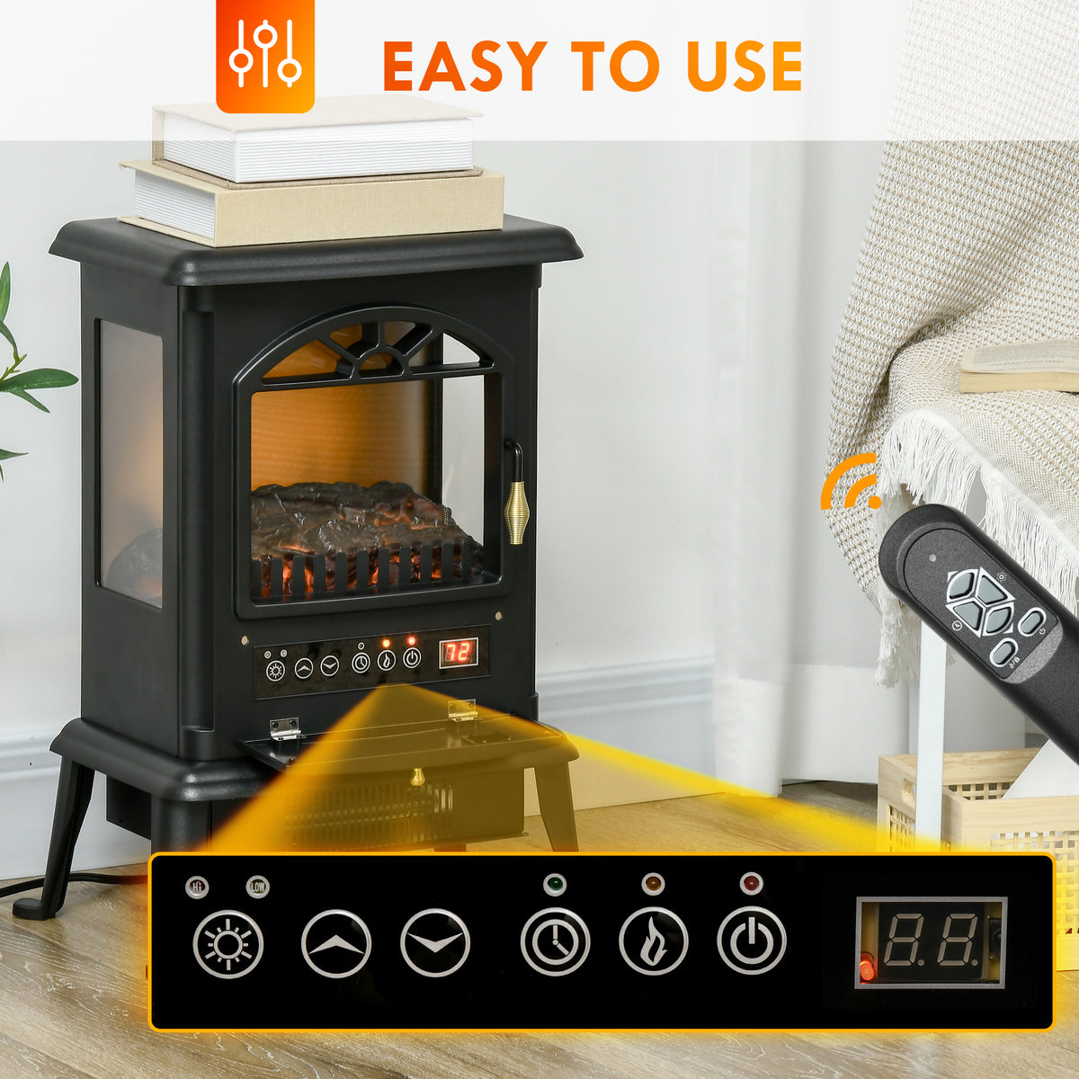 23" Electric Fireplace Heater with Flame Effect, Adjustable Temp, 1000W/1500W, Black