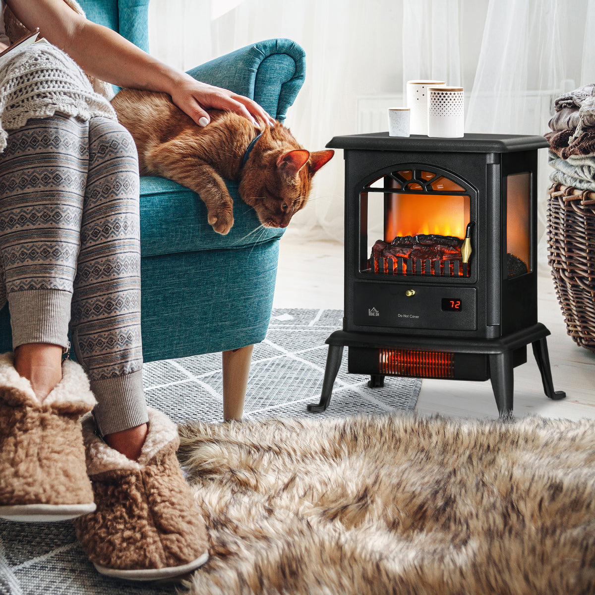 23" Electric Fireplace Heater with Flame Effect, Adjustable Temp, 1000W/1500W, Black