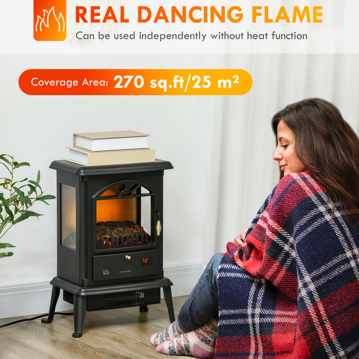 23" Electric Fireplace Heater with Flame Effect, Adjustable Temp, 1000W/1500W, Black