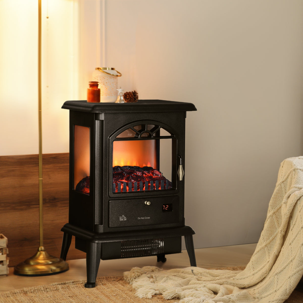 23" Electric Fireplace Heater with Flame Effect, Adjustable Temp, 1000W/1500W, Black