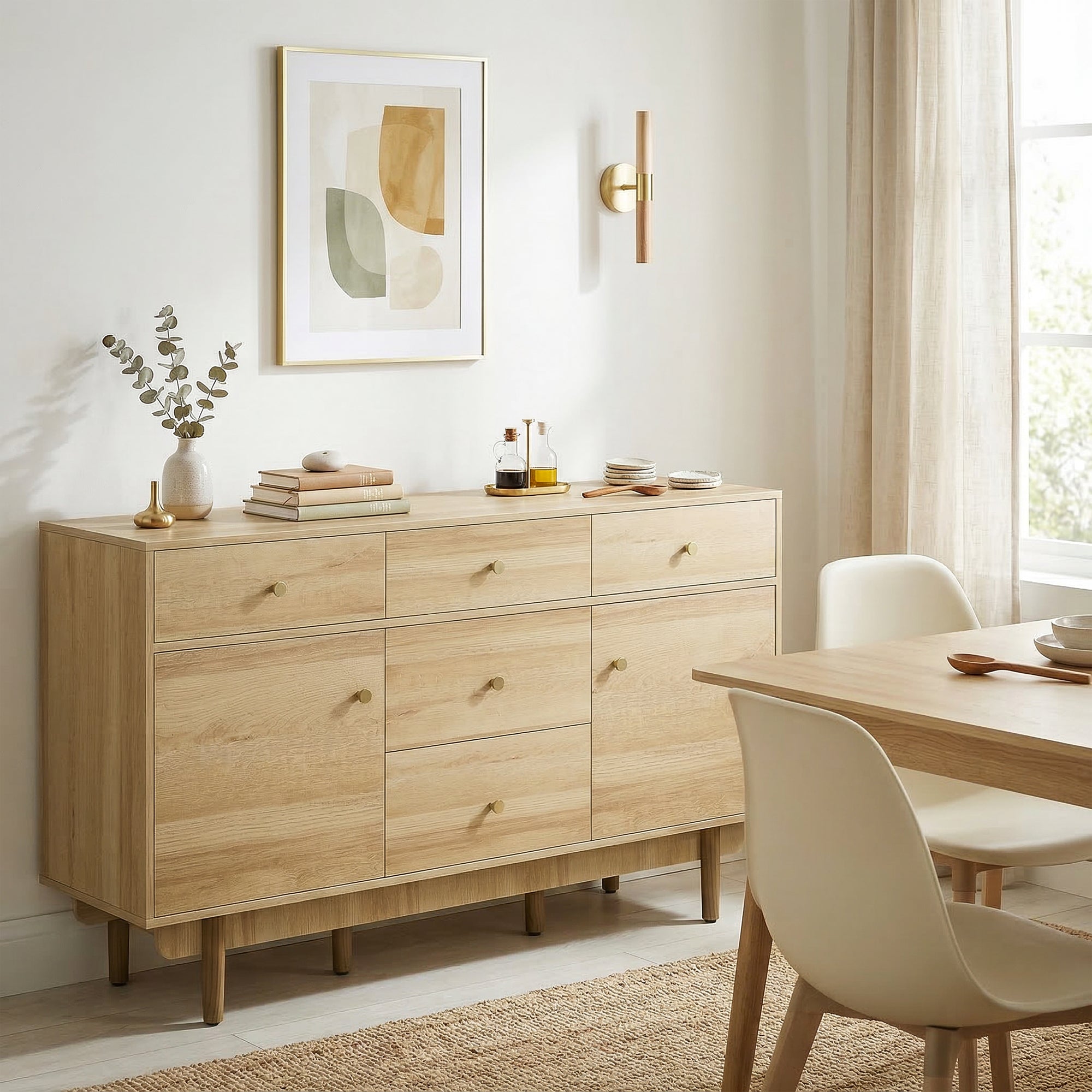 Modern Sideboard, Buffet Cabinet, Storage Cupboards with Adjustable Shelf, 5 Drawers and 2 Cabinets, 136 x 38 x 80 cm, for Living Room, Kitchen, Dining Room