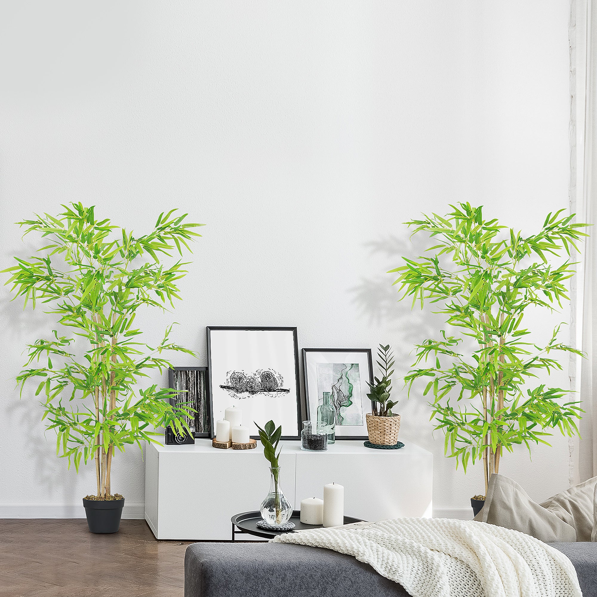 Artificial Bamboo Tree Set of 2, 5ft Tall Fake Tree with Realistic Leaf and Natural Trunk, Faux Decorative Plant in Nursery Pot for Indoor Decor