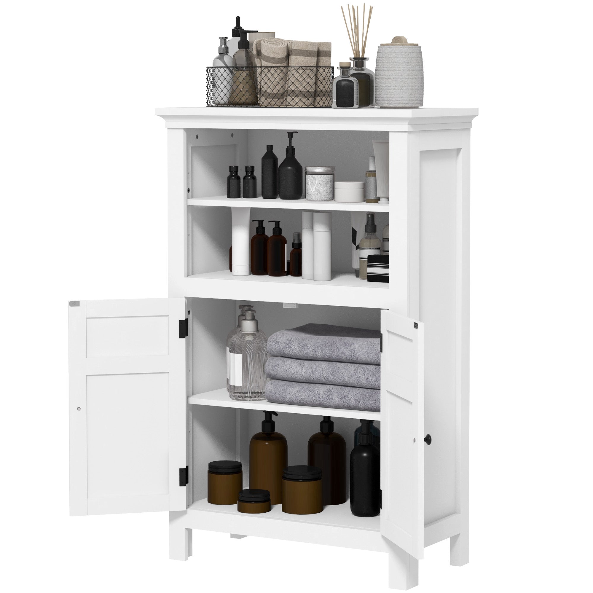 HOMCOM Modern Bathroom Storage Cabinet, Freestanding Bathroom Cabinet with Open Shelves, a Cupboard with Doors and Adjustable Shelves, White
