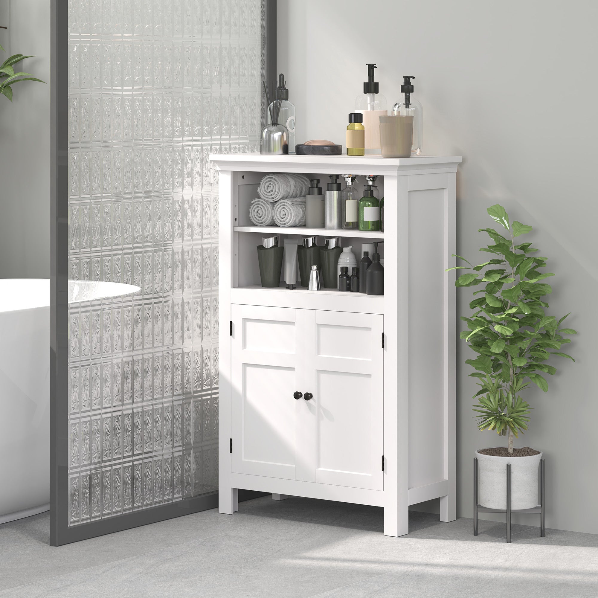 HOMCOM Modern Bathroom Storage Cabinet, Freestanding Bathroom Cabinet with Open Shelves, a Cupboard with Doors and Adjustable Shelves, White