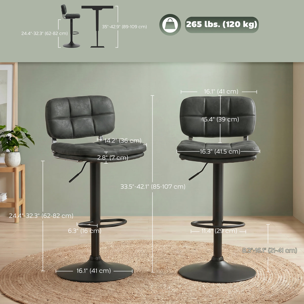 Bar Stools Set of 2, Swivel Counter Height Barstools with Adjustable Height, Back and Footrest, PU Leather Upholstered Bar Chairs for Home Kitchen Island, Black