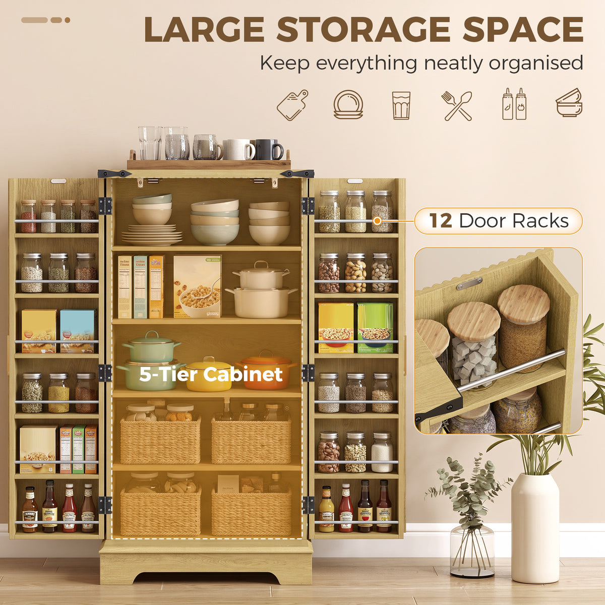 46" Kitchen Pantry Cabinet with Doors and Adjustable Shelves, Freestanding Fluted Pantry Storage Cabinet with Spice Racks, Farmhouse Buffet Sideboard for Kitchen, Dining Room