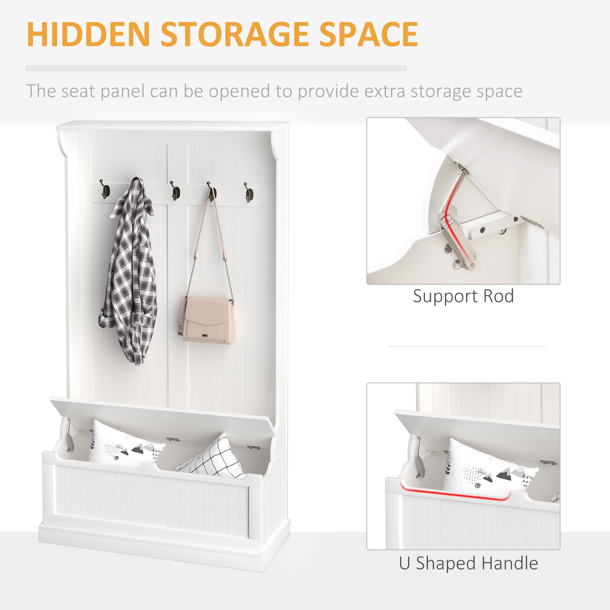 3-in-1 Entryway Bench, Coat Rack, Hall Tree, Shoe Storage & 5 Hooks, Cream White