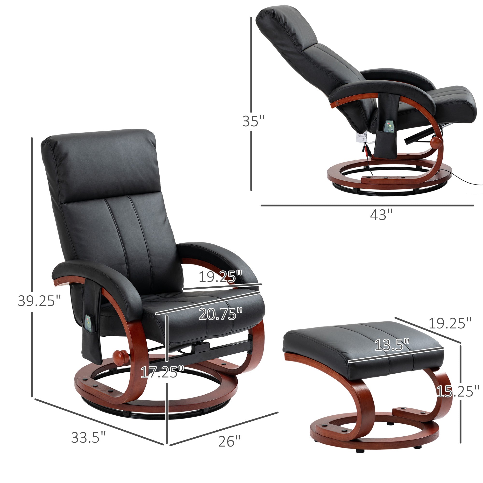 Vibration Recliner Chair with Ottoman and Remote 10 Vibration Points Black
