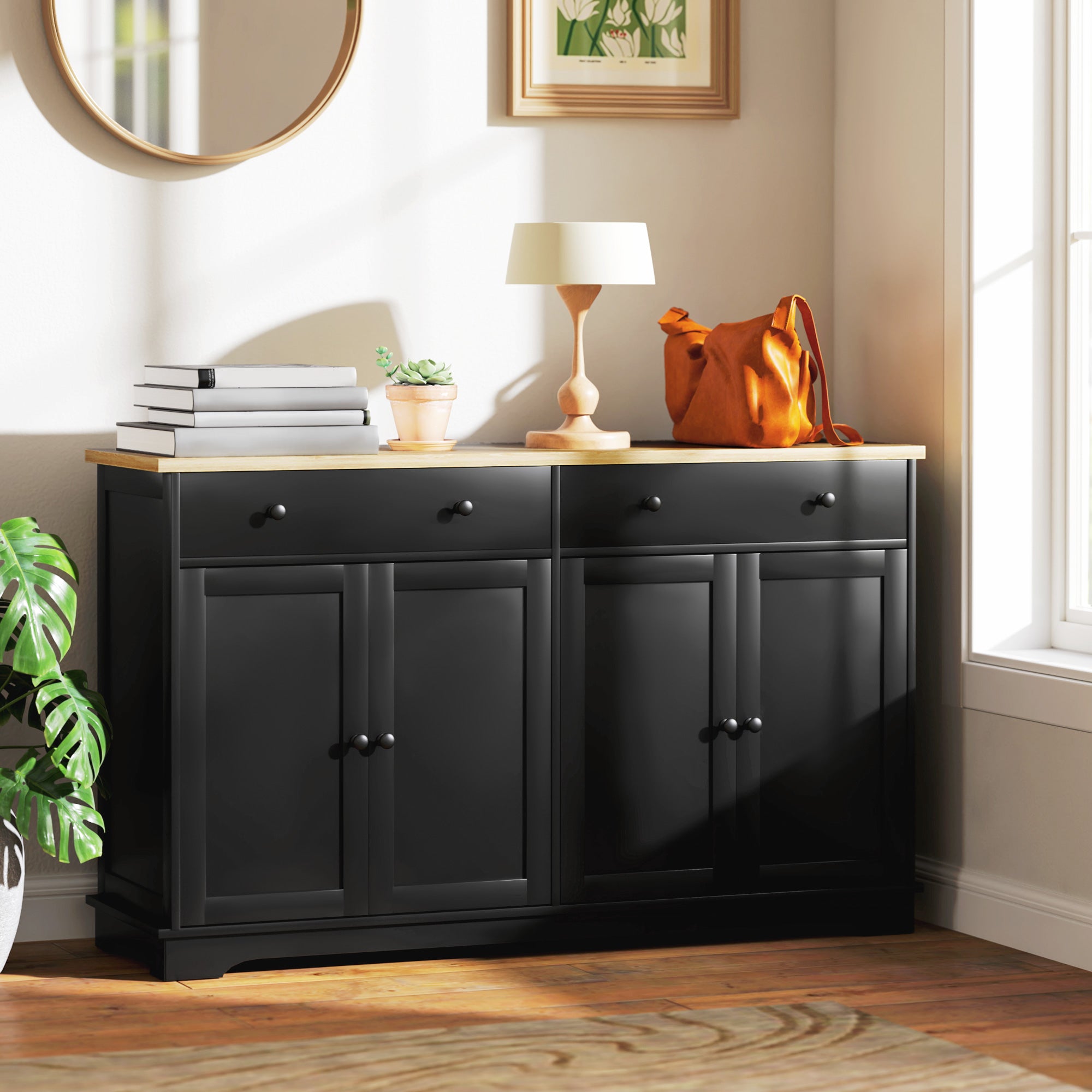 Modern Sideboard Buffet Cabinet w/ Storage Drawers & Adjustable Shelves, Black