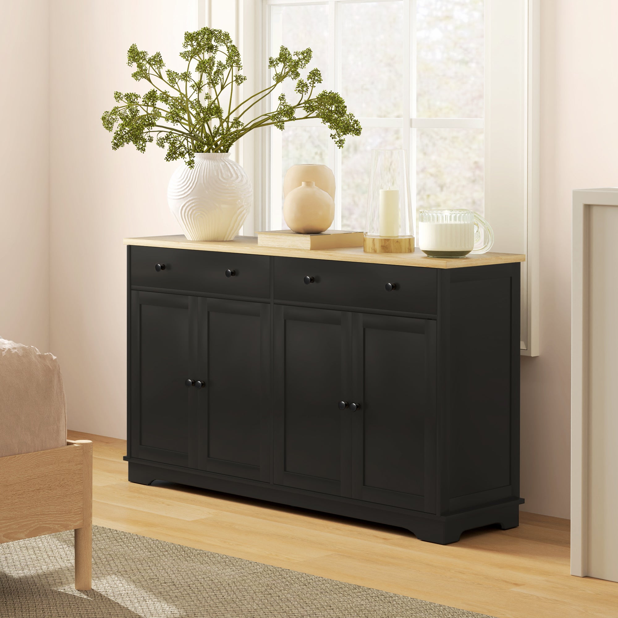 Modern Sideboard Buffet Cabinet w/ Storage Drawers & Adjustable Shelves, Black