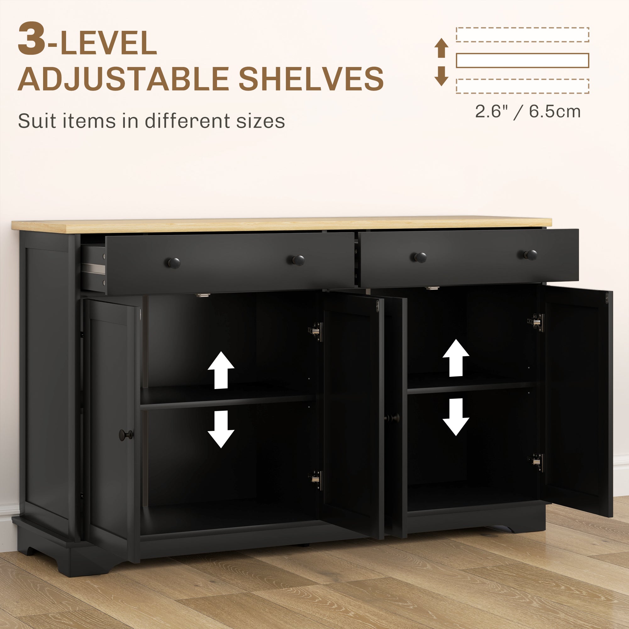 Modern Sideboard Buffet Cabinet w/ Storage Drawers & Adjustable Shelves, Black
