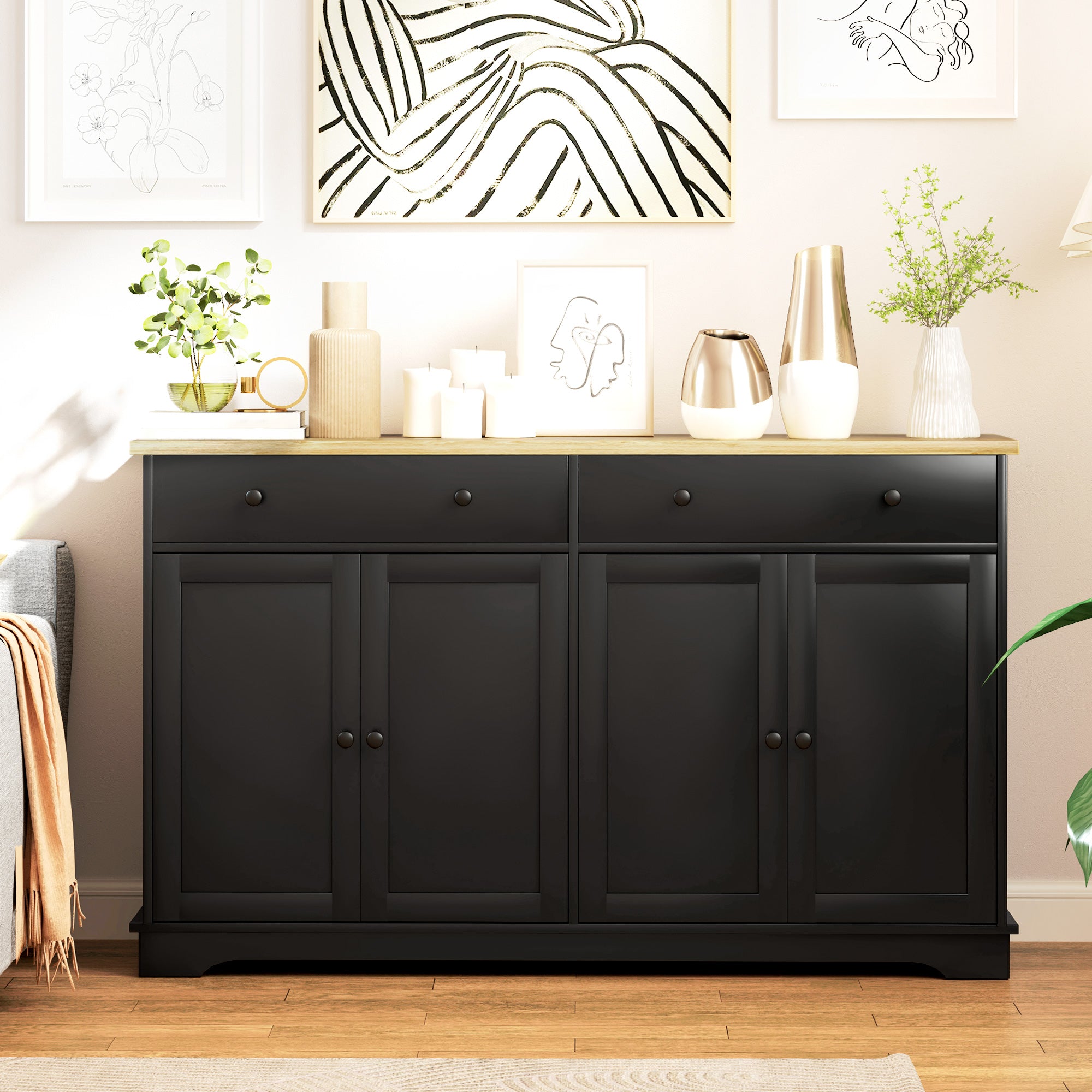 Modern Sideboard Buffet Cabinet w/ Storage Drawers & Adjustable Shelves, Black