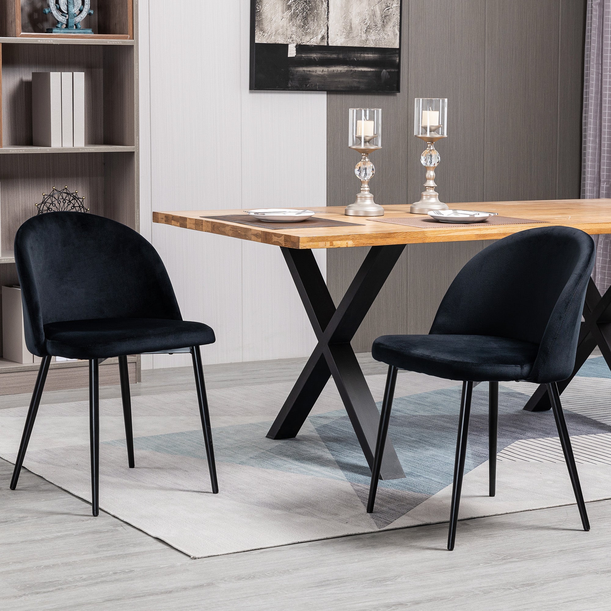 HOMCOM Modern Dining Chairs Set of 2, Mid-Back Velvet Upholstered Kitchen Chairs, Side Chair for Living Room, Dining Room, Black