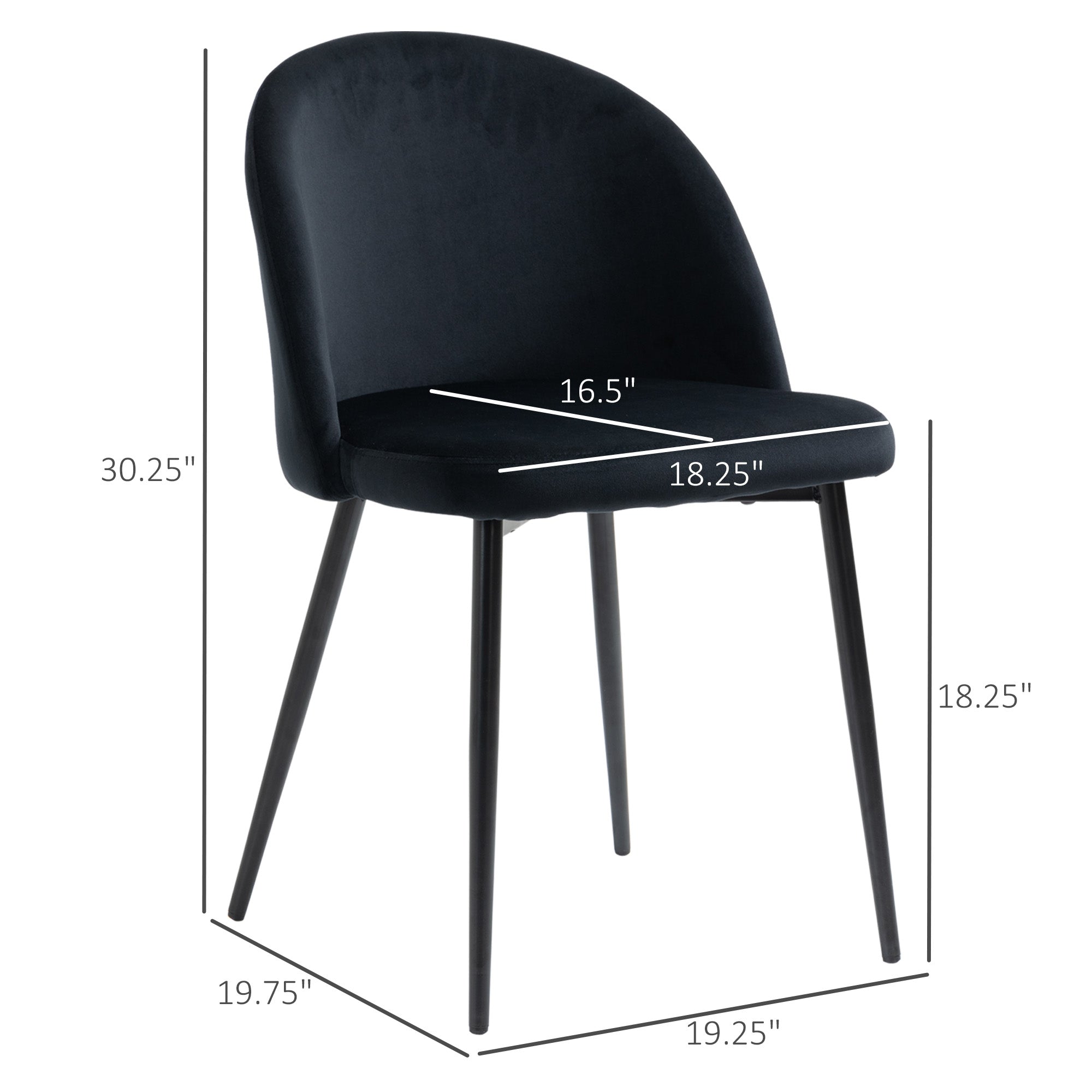 HOMCOM Modern Dining Chairs Set of 2, Mid-Back Velvet Upholstered Kitchen Chairs, Side Chair for Living Room, Dining Room, Black