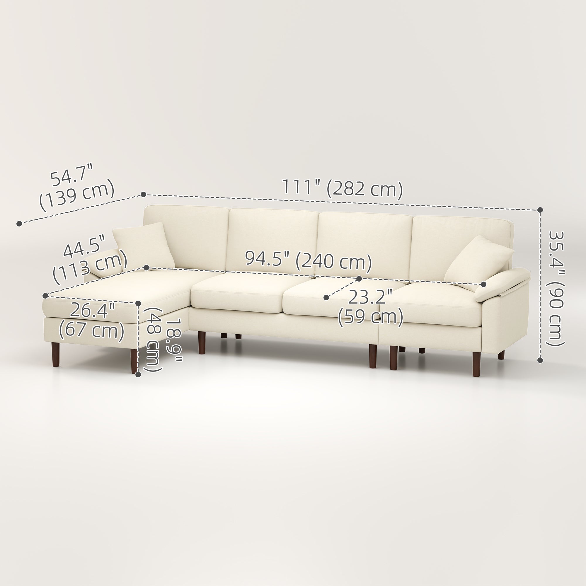 HOMCOM Changeable Sectional Sofa with Changeable Chaise Lounge, Modern Sectional Couch with Pillows, Wooden Legs, L-Shape Corner Sofa for Living Room, Cream White
