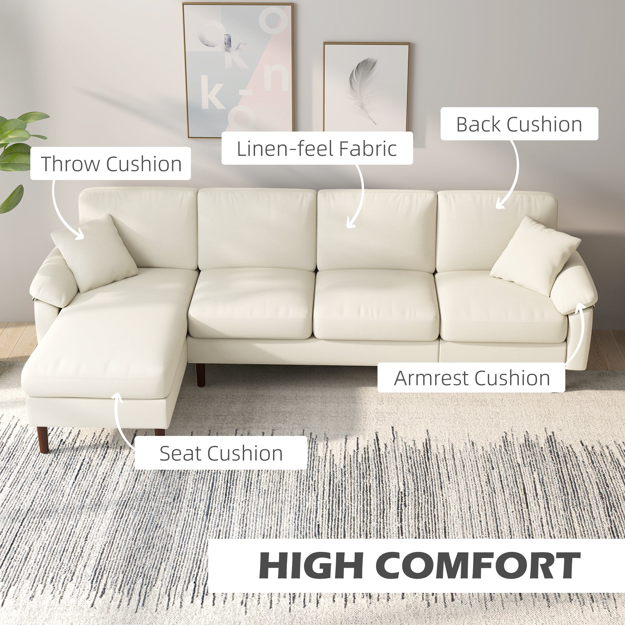 HOMCOM Changeable Sectional Sofa with Changeable Chaise Lounge, Modern Sectional Couch with Pillows, Wooden Legs, L-Shape Corner Sofa for Living Room, Cream White
