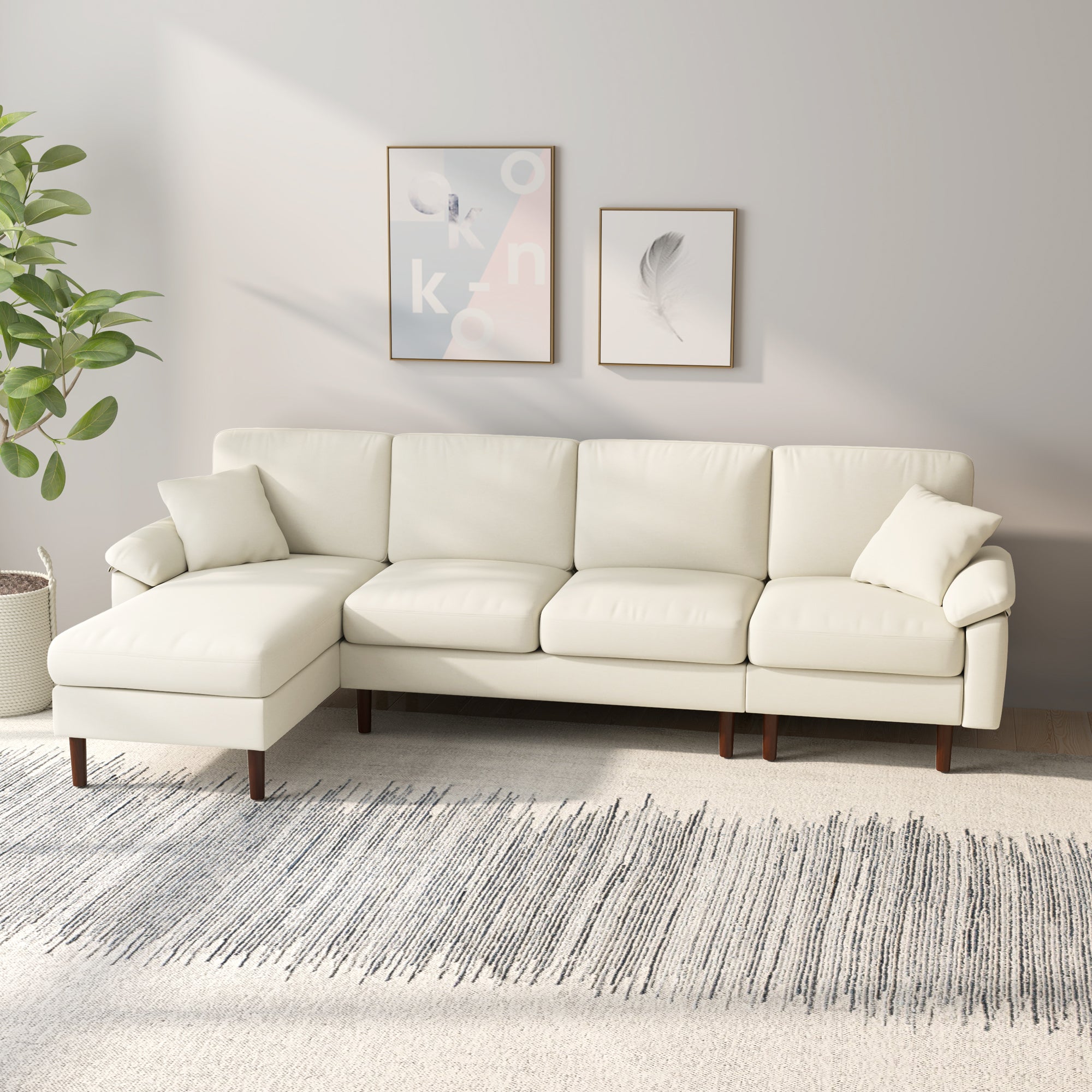 HOMCOM Changeable Sectional Sofa with Changeable Chaise Lounge, Modern Sectional Couch with Pillows, Wooden Legs, L-Shape Corner Sofa for Living Room, Cream White