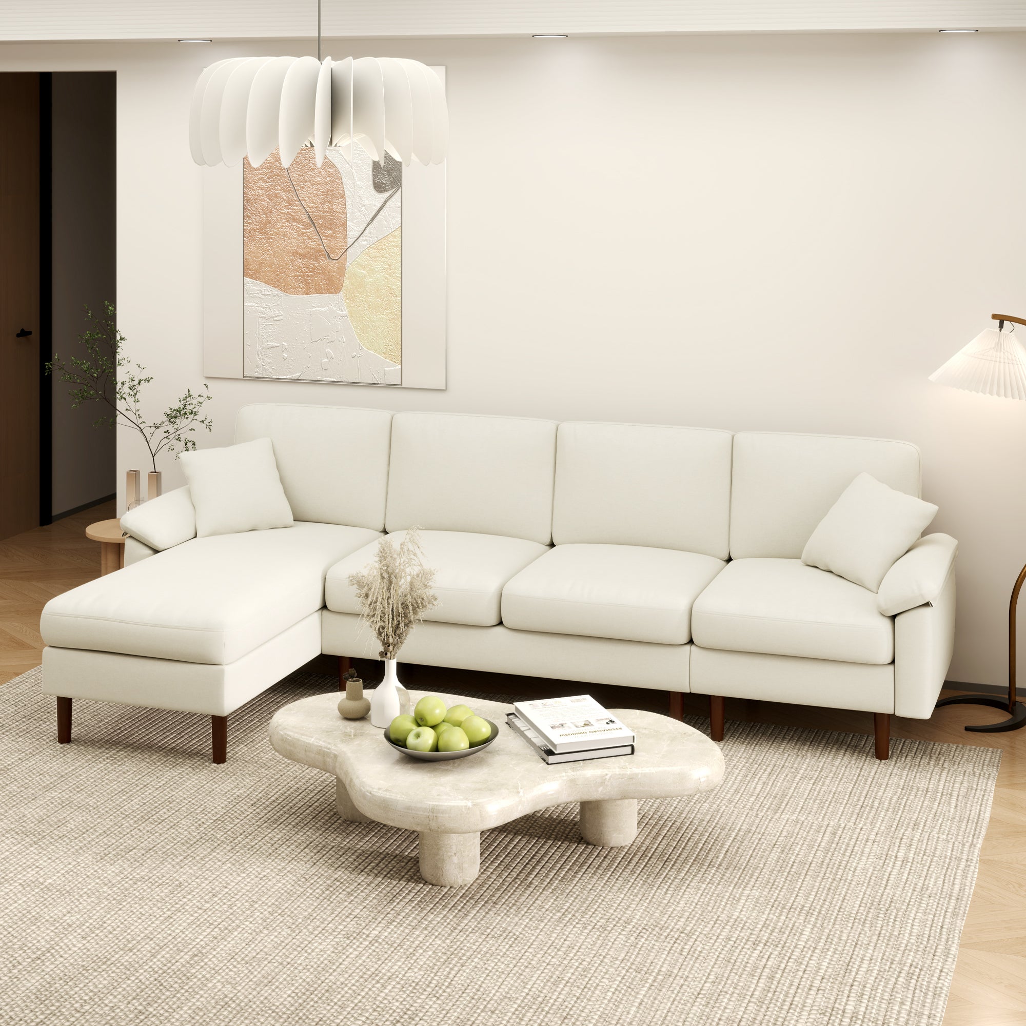 HOMCOM Changeable Sectional Sofa with Changeable Chaise Lounge, Modern Sectional Couch with Pillows, Wooden Legs, L-Shape Corner Sofa for Living Room, Cream White