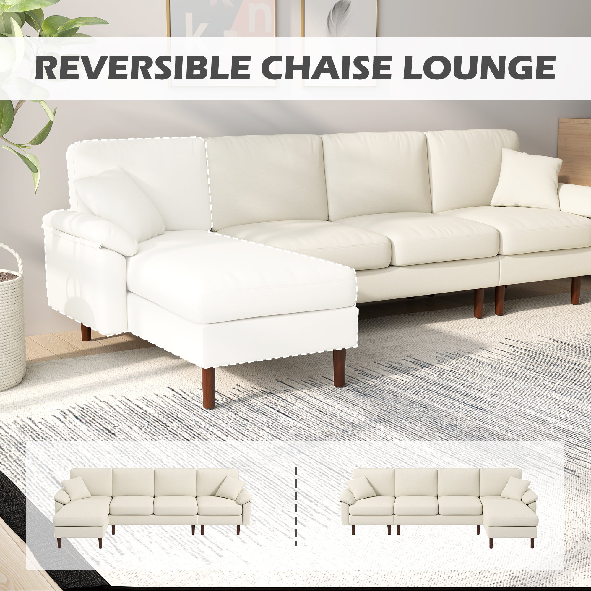 HOMCOM Changeable Sectional Sofa with Changeable Chaise Lounge, Modern Sectional Couch with Pillows, Wooden Legs, L-Shape Corner Sofa for Living Room, Cream White