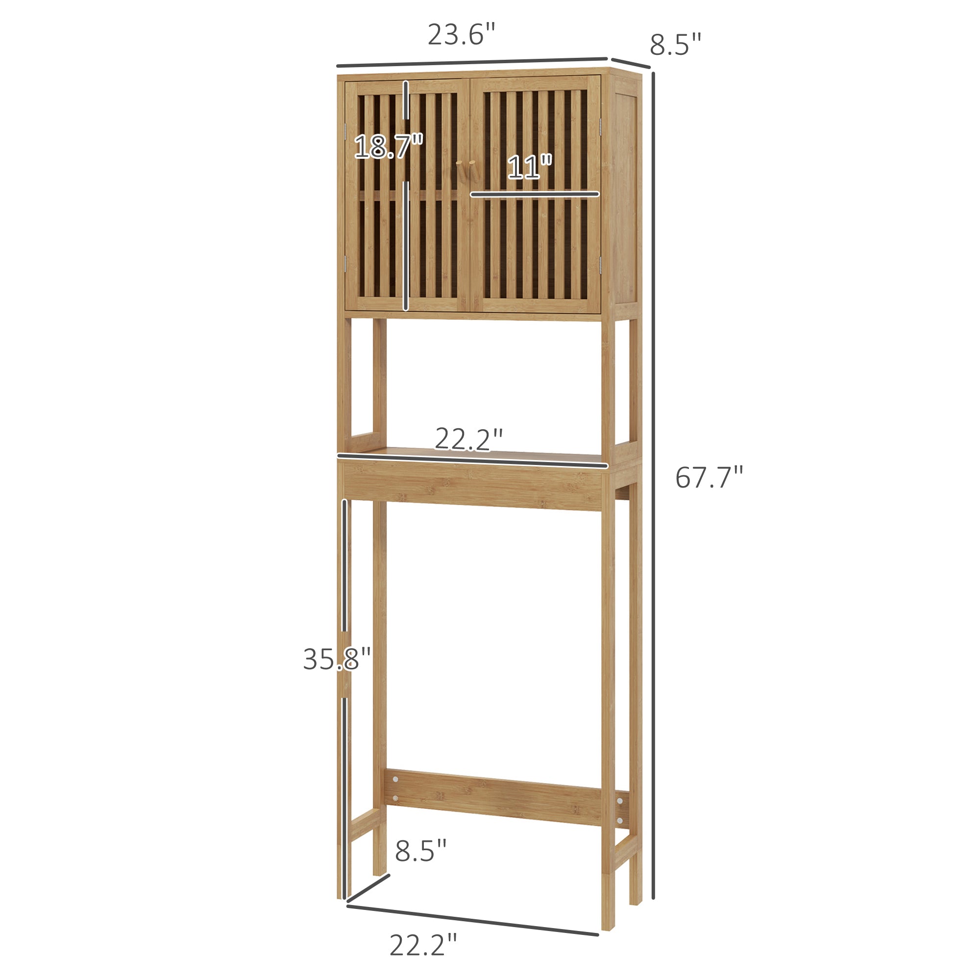 Over the Toilet Cabinet, Bamboo Bathroom with Slatted Doors and Adjustable Shelf, Natural