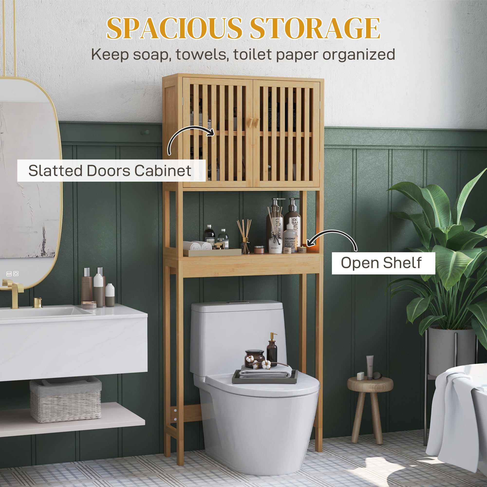 Over the Toilet Cabinet, Bamboo Bathroom with Slatted Doors and Adjustable Shelf, Natural