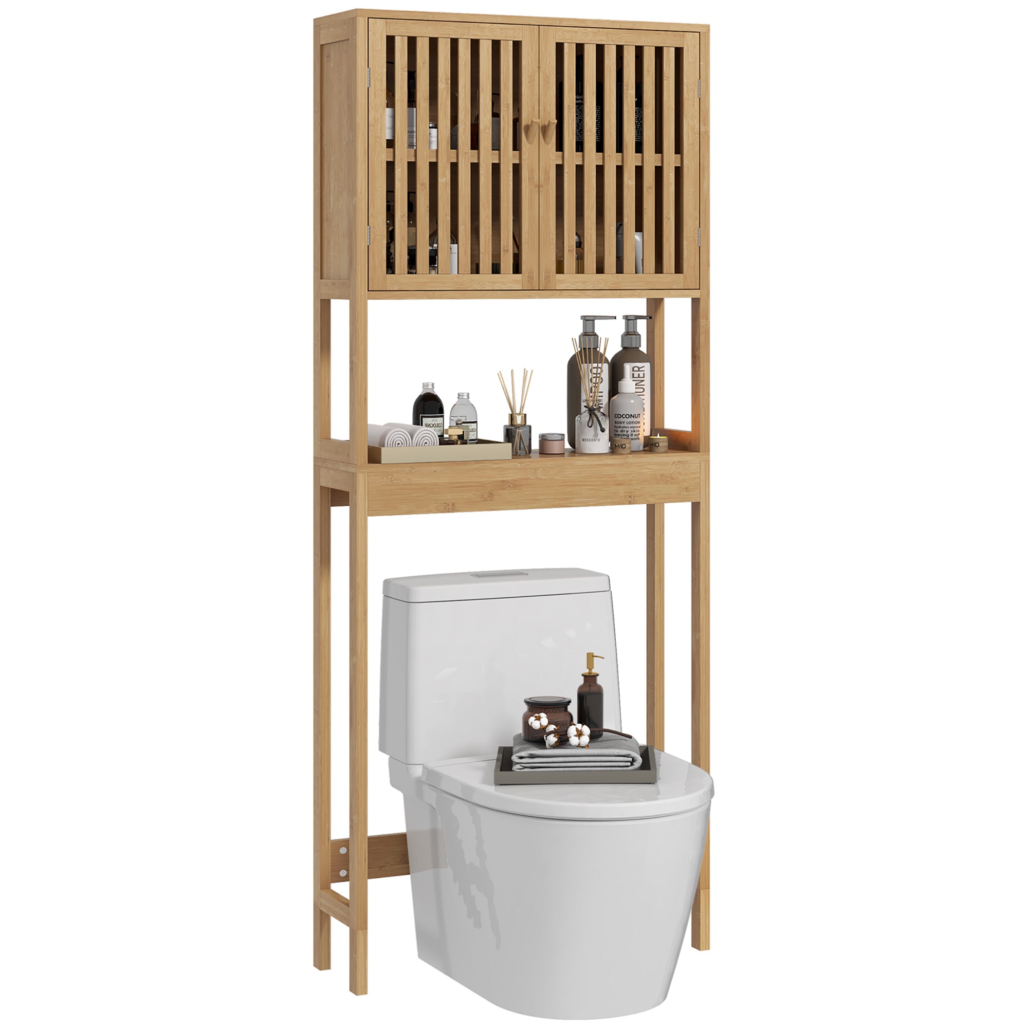 Over the Toilet Cabinet, Bamboo Bathroom with Slatted Doors and Adjustable Shelf, Natural