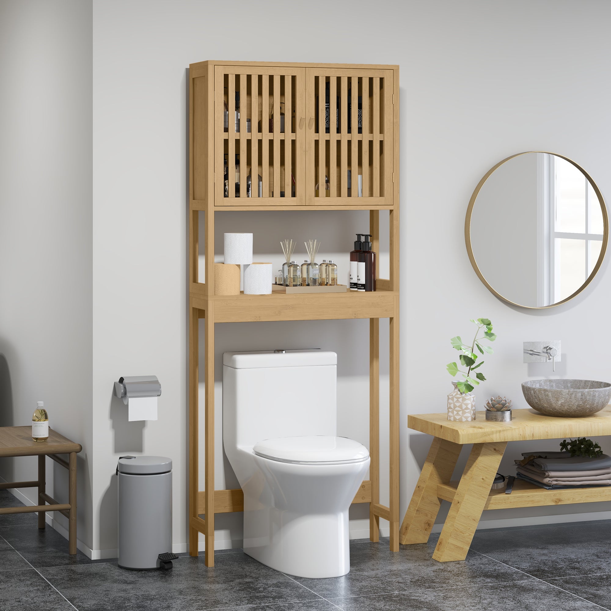 Over the Toilet Cabinet, Bamboo Bathroom with Slatted Doors and Adjustable Shelf, Natural