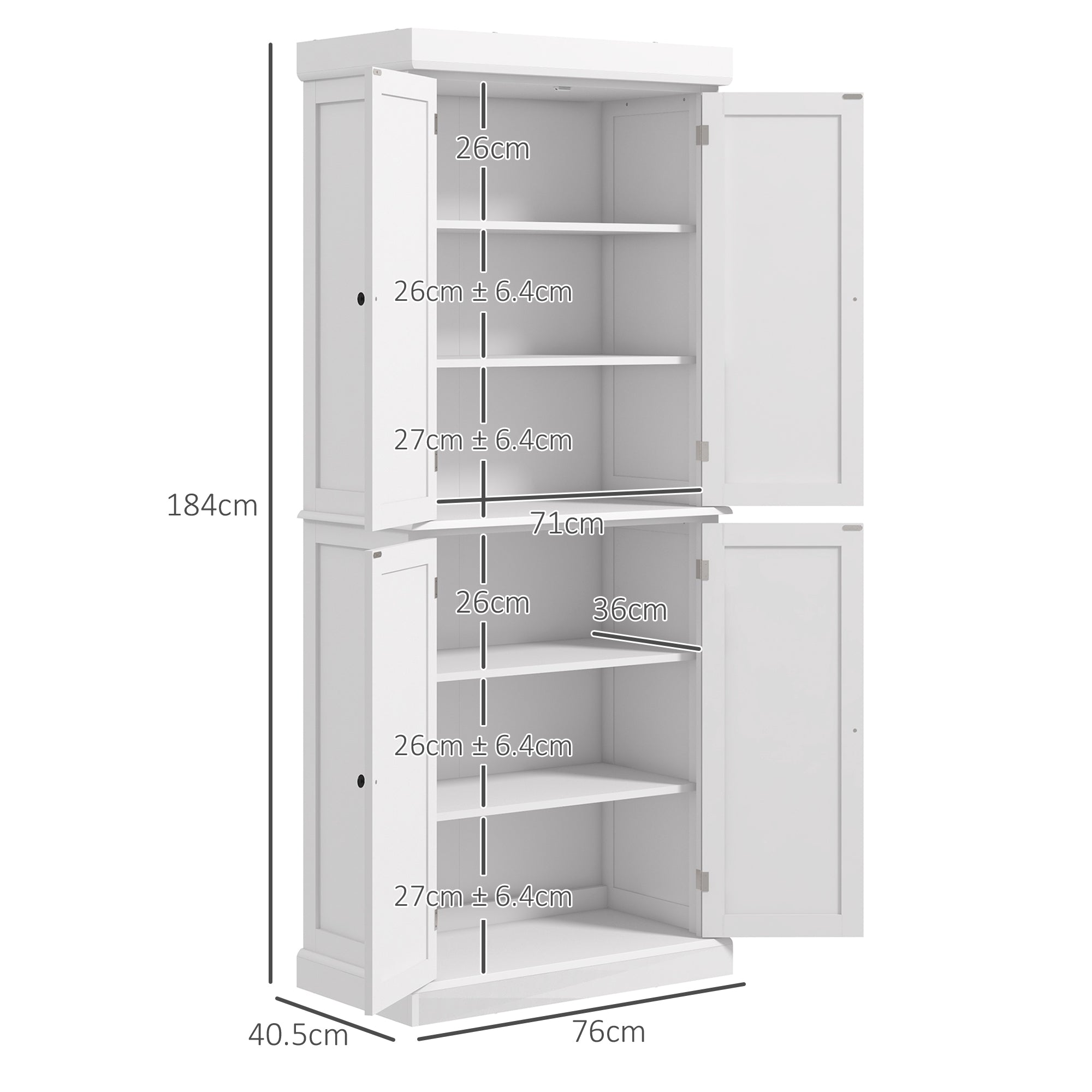 184cm Freestanding Kitchen Cupboard with 4 Doors, Modern Storage Cabinet Organizer with 6-Tier Shelving and 4 Adjustable Shelves, White