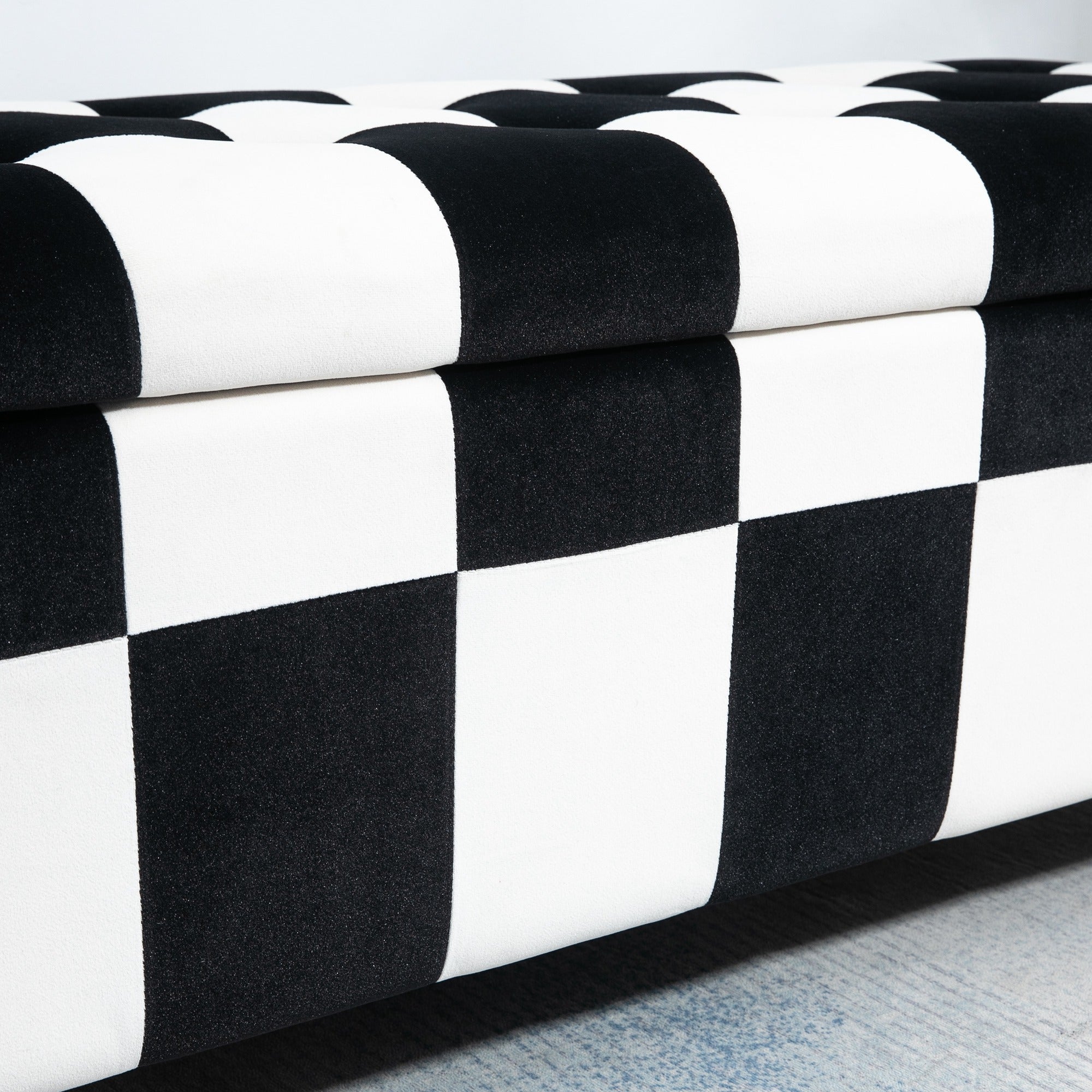 HOMCOM 114 x 47 x 47cm Velvet Storage Ottoman, Button-tufted Footstool Box, Toy Chest with Lid for Living Room, Bedroom, White and Black